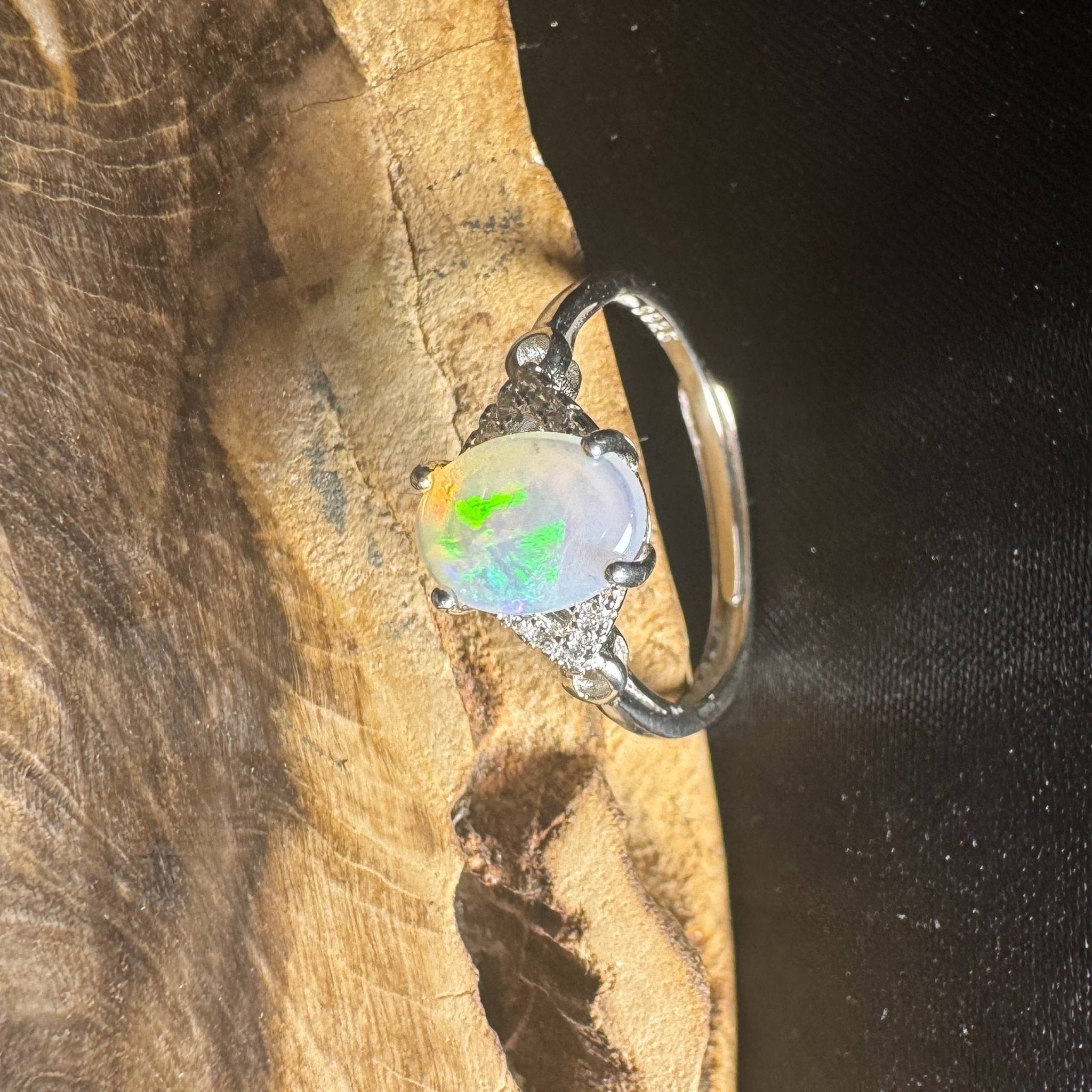 Barossa Valley Charm ~ 0.8ct Solid Lightning Ridge Opal and Cubic Zirconia 925 Silver Ring