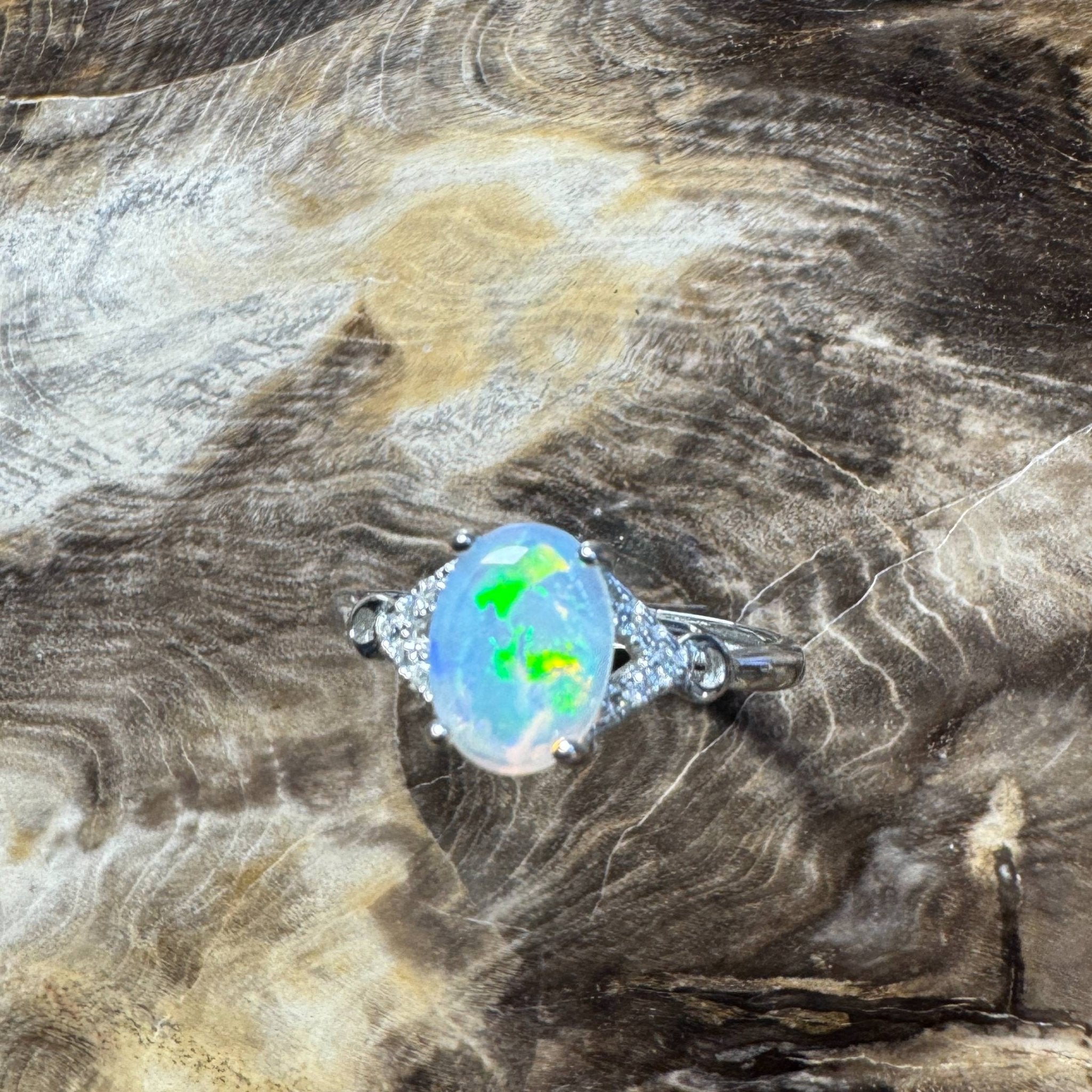 Barossa Valley Charm ~ 0.8ct Solid Lightning Ridge Opal and Cubic Zirconia 925 Silver Ring