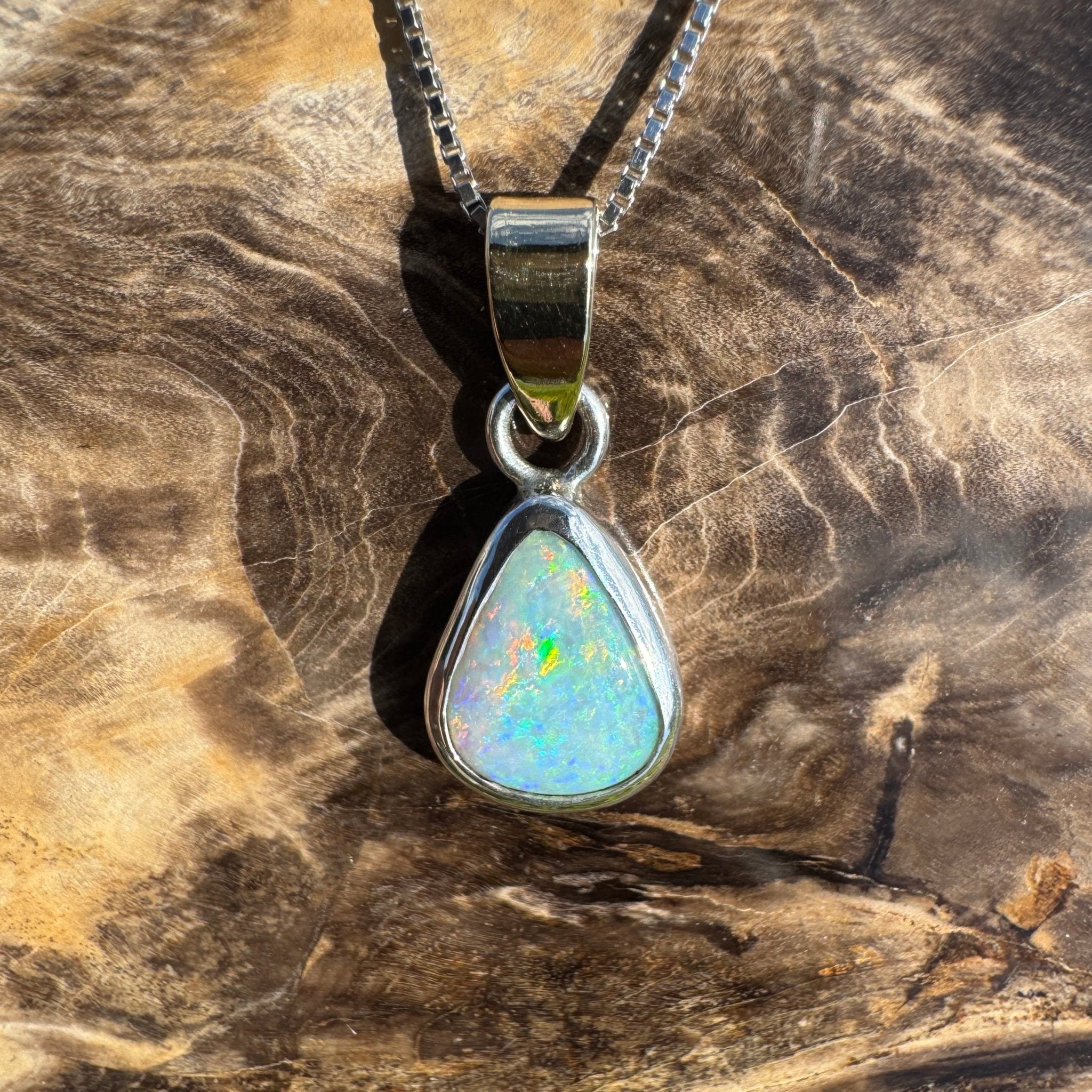 Barwon Gleam ~ 1.8ct Solid Lightning Ridge Opal Two - tone 10k Gold and 925 Sterling Silver Pendant Necklace