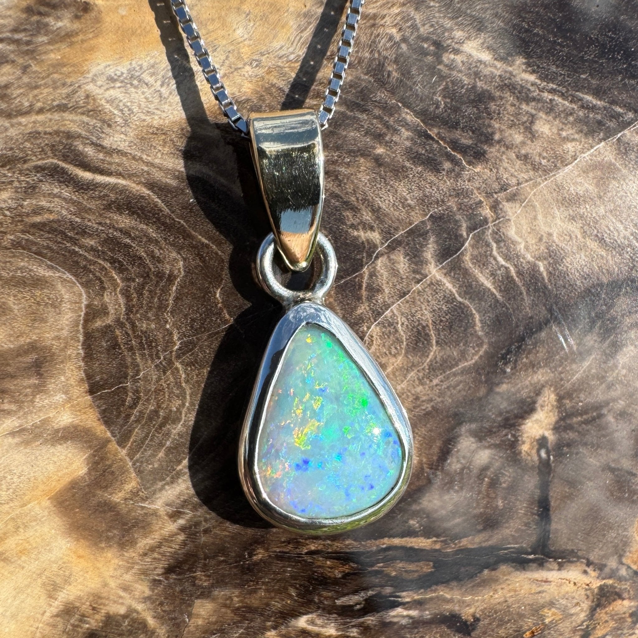 Barwon Gleam ~ 1.8ct Solid Lightning Ridge Opal Two - tone 10k Gold and 925 Sterling Silver Pendant Necklace