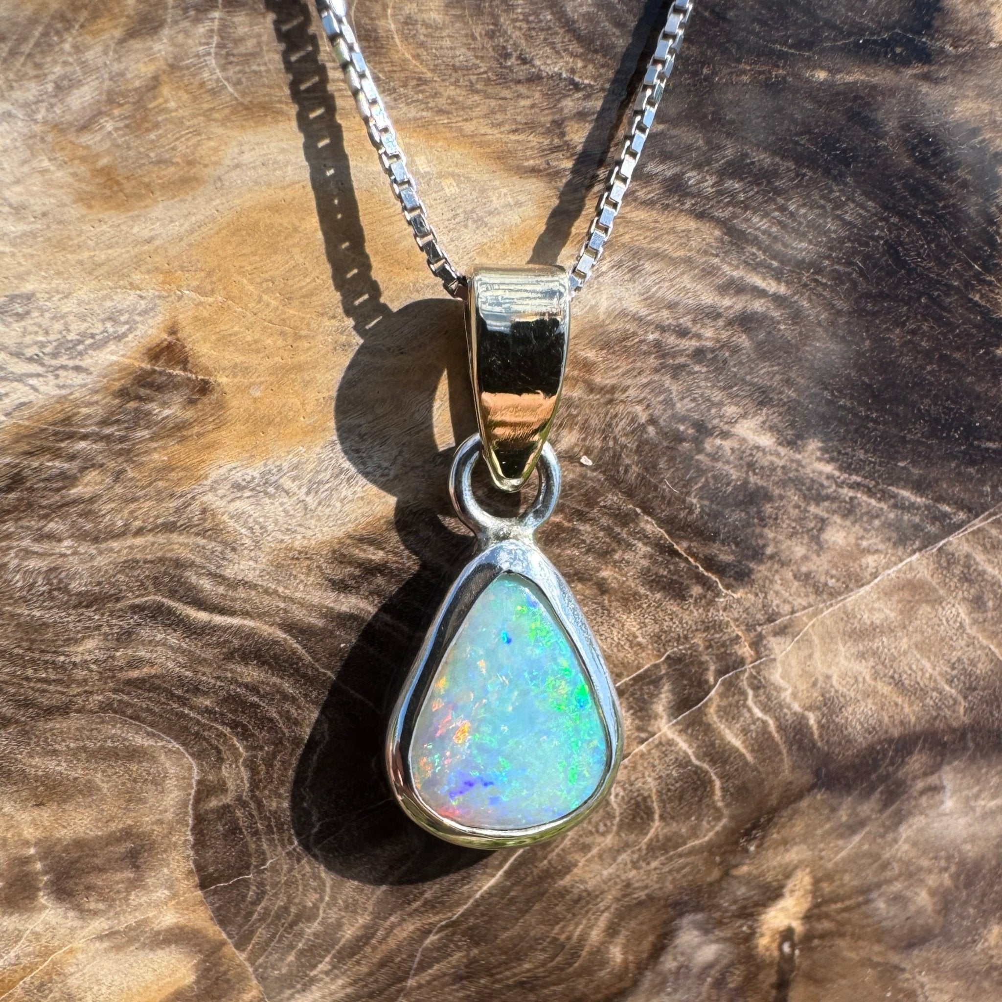 Barwon Gleam ~ 1.8ct Solid Lightning Ridge Opal Two - tone 10k Gold and 925 Sterling Silver Pendant Necklace