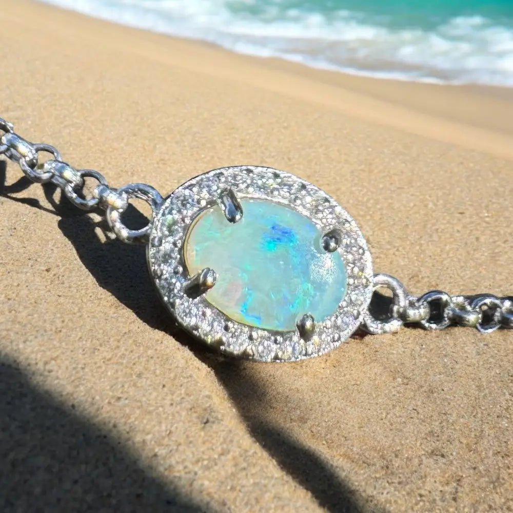 ‘Beach Vibes' ~ Handcrafted 1ct Coober Pedy Opal and Cubic Zirconia 925 Sterling Silver Bracelet