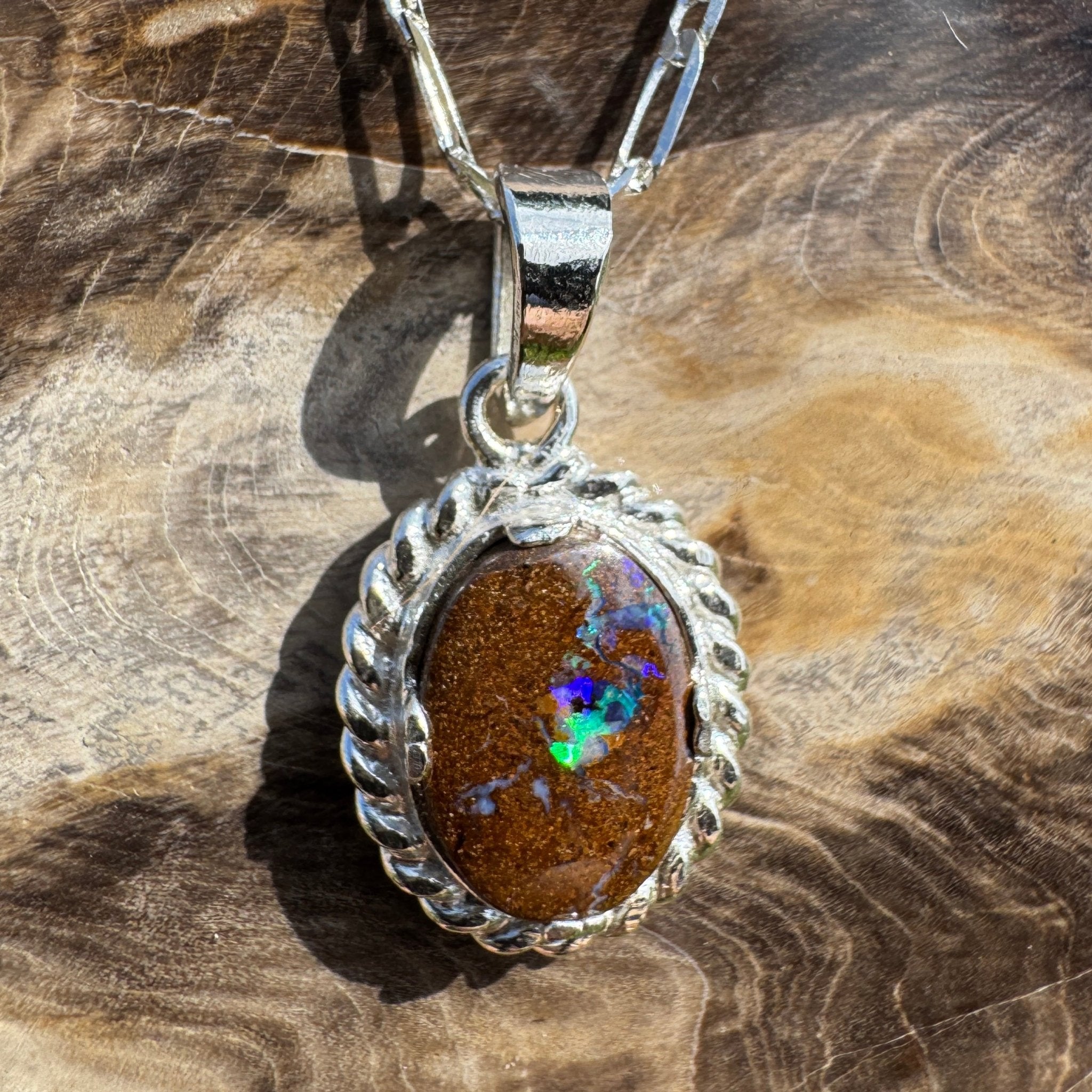 Blackall Stoneflow ~ Queensland Boulder Opal 925 Sterling Silver Pendant Necklace