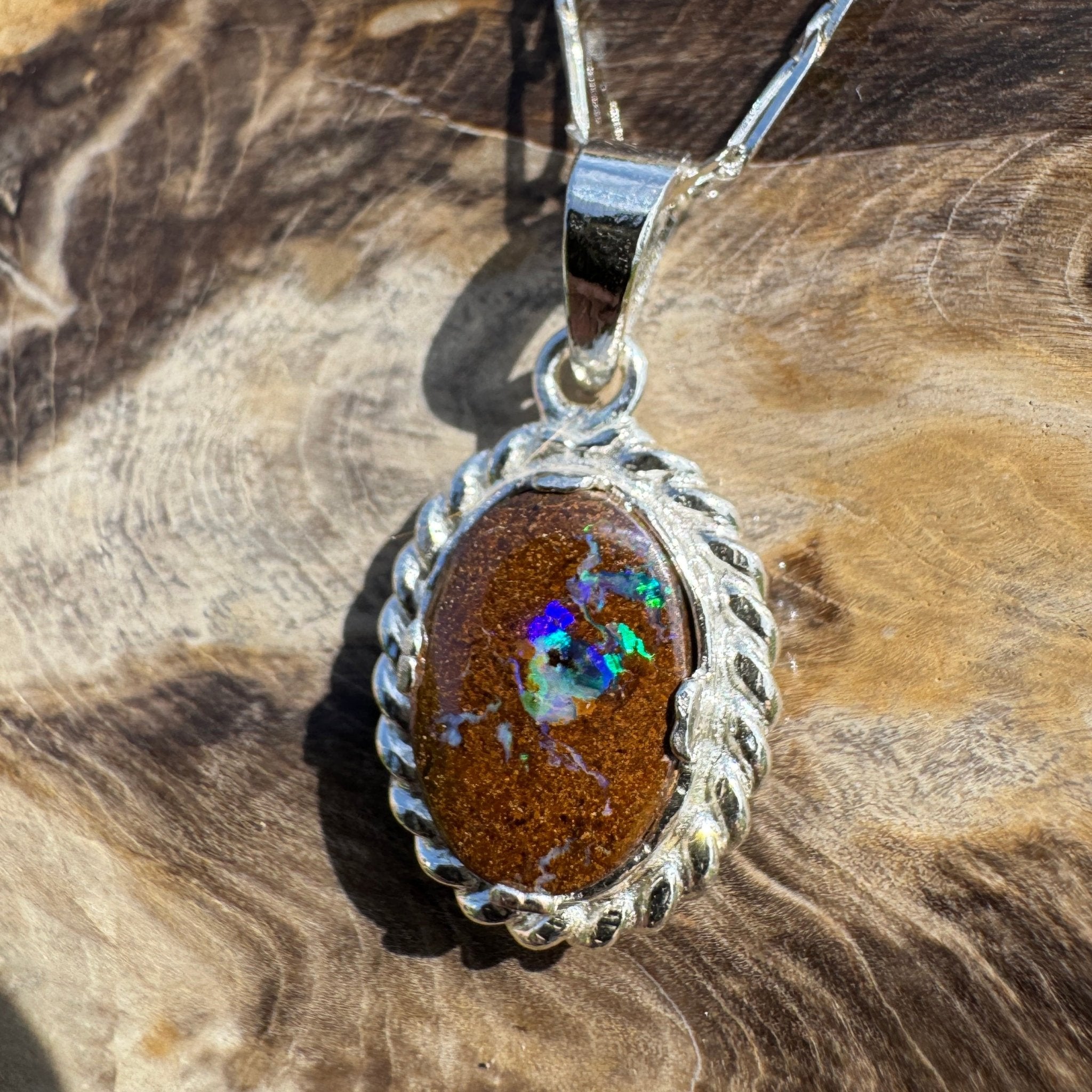Blackall Stoneflow ~ Queensland Boulder Opal 925 Sterling Silver Pendant Necklace