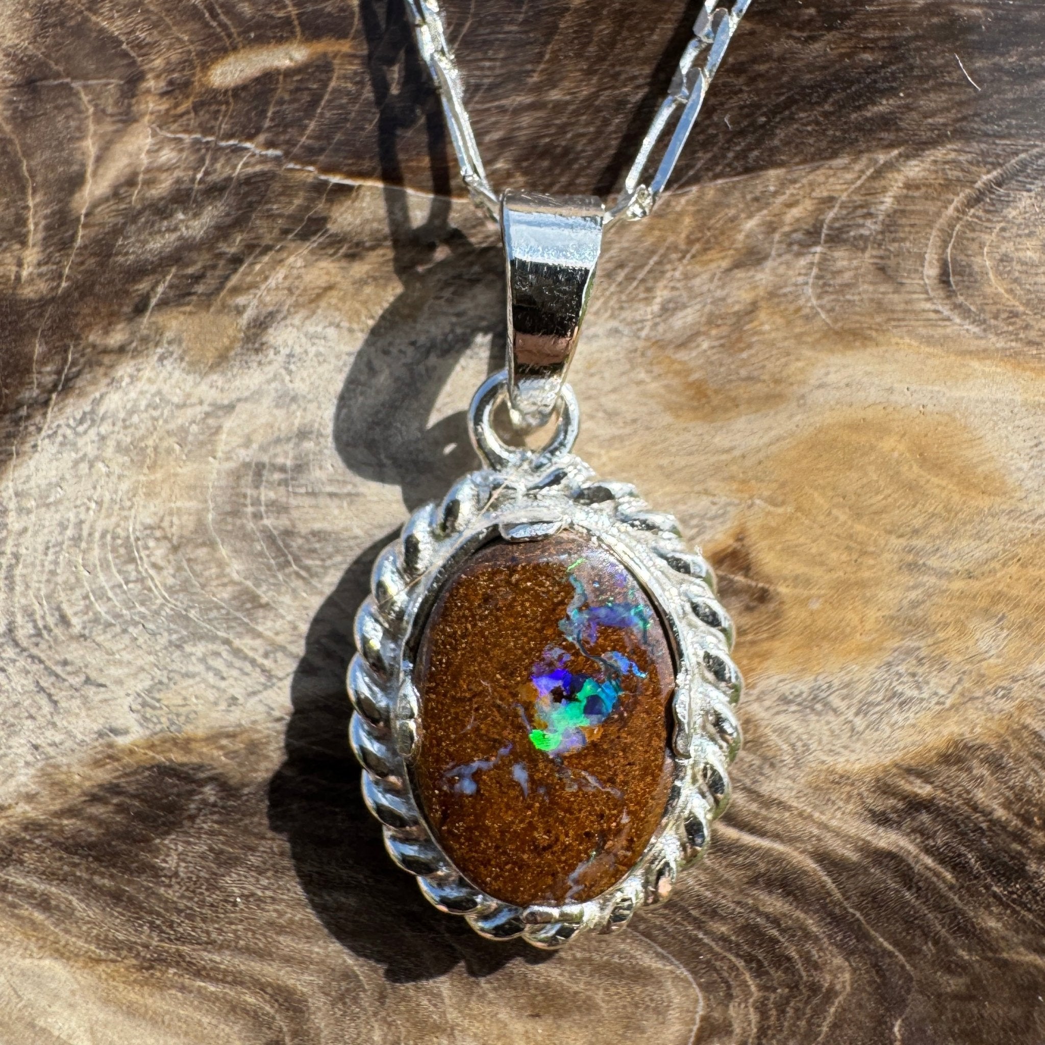 Blackall Stoneflow ~ Queensland Boulder Opal 925 Sterling Silver Pendant Necklace