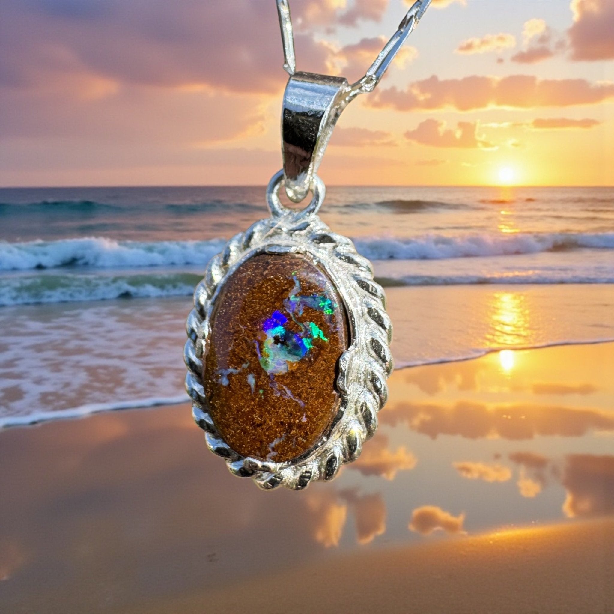 Blackall Stoneflow ~ Queensland Boulder Opal 925 Sterling Silver Pendant Necklace