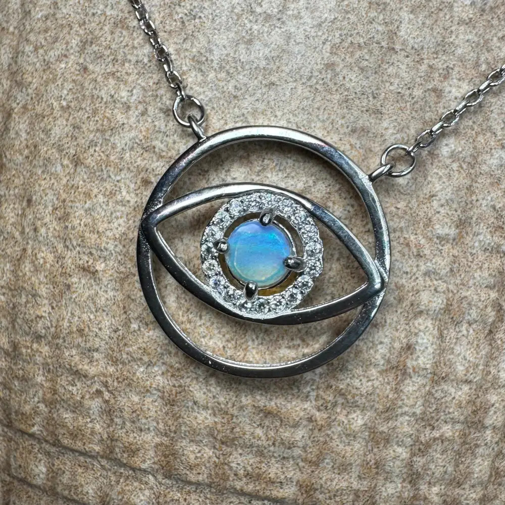 Silver eye pendant necklace featuring a 0.3ct Lightning Ridge Opal eye in Sterling Silver