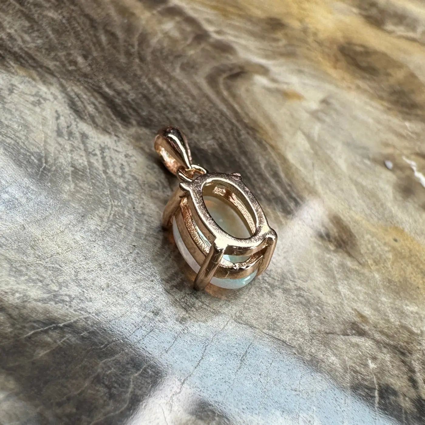 Rose gold opal pendant from Blue Water Cove featuring handcrafted 0.8ct Lightning Ridge Opal