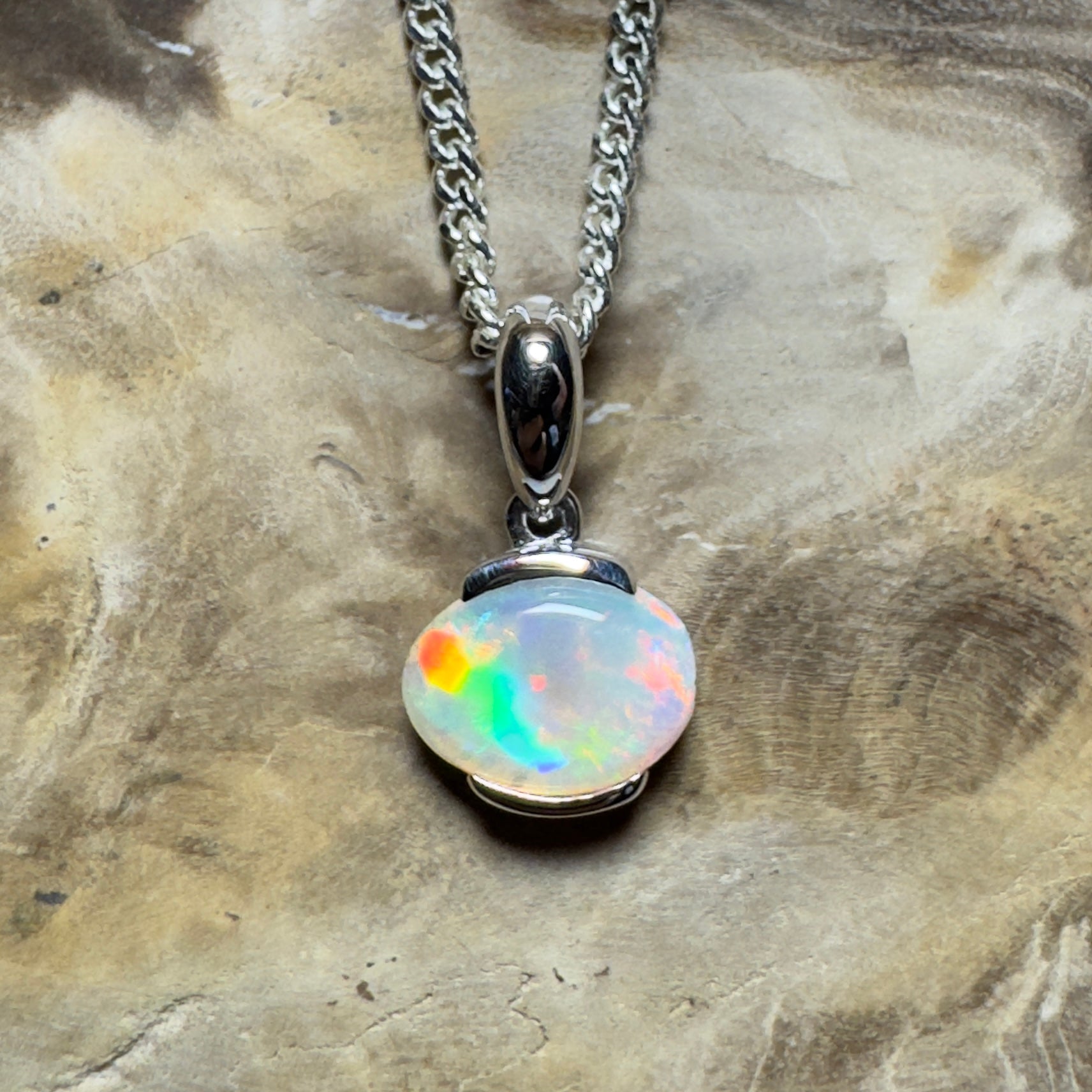 Bruny Blaze ~ 0.75ct Coober Pedy Crystal Opal 925 Silver Pendant