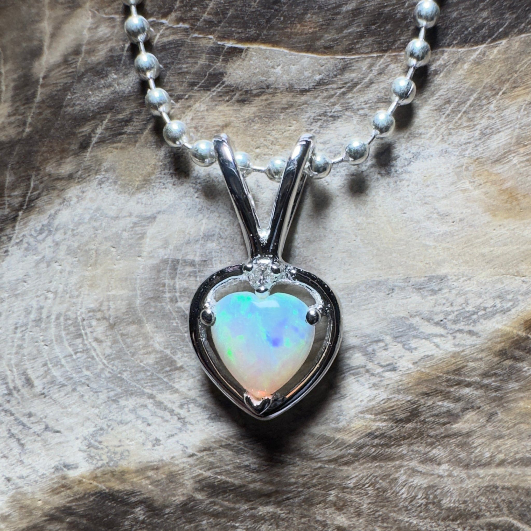 Bruny Isle Heart ~ 0.3ct Coober Pedy Crystal Opal 9ct White Gold Pendant