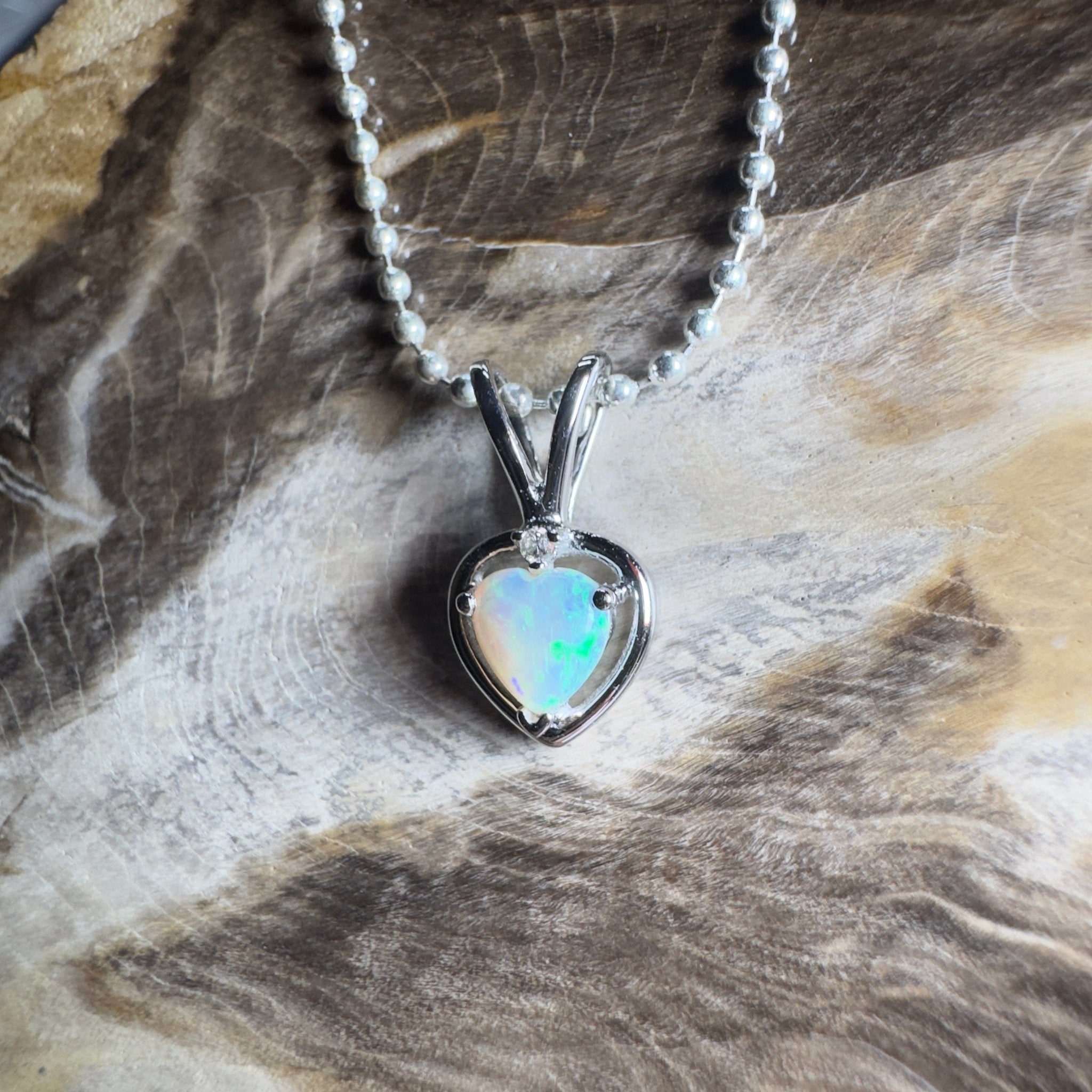 Bruny Isle Heart ~ 0.3ct Coober Pedy Crystal Opal 9ct White Gold Pendant