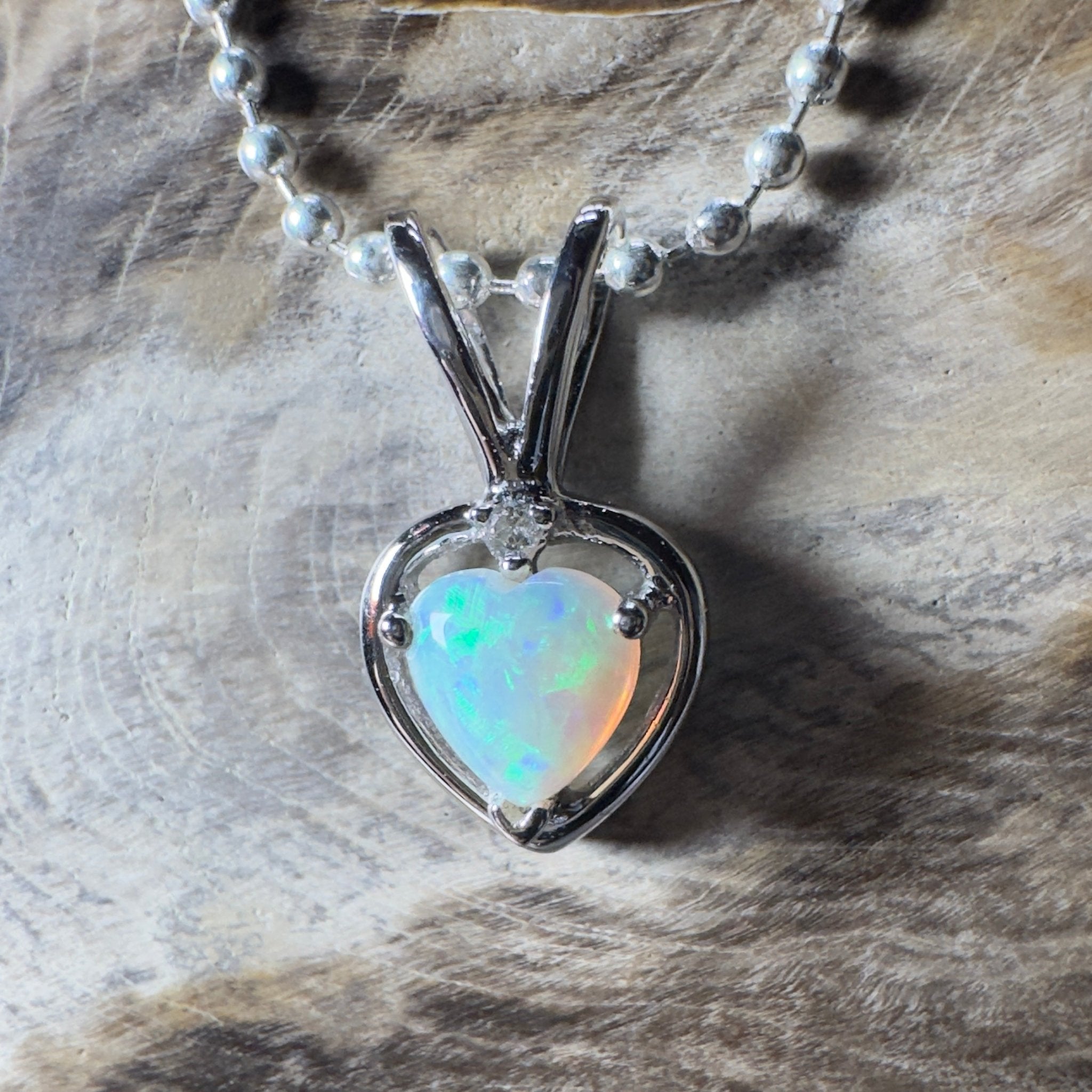 Bruny Isle Heart ~ 0.3ct Coober Pedy Crystal Opal 9ct White Gold Pendant
