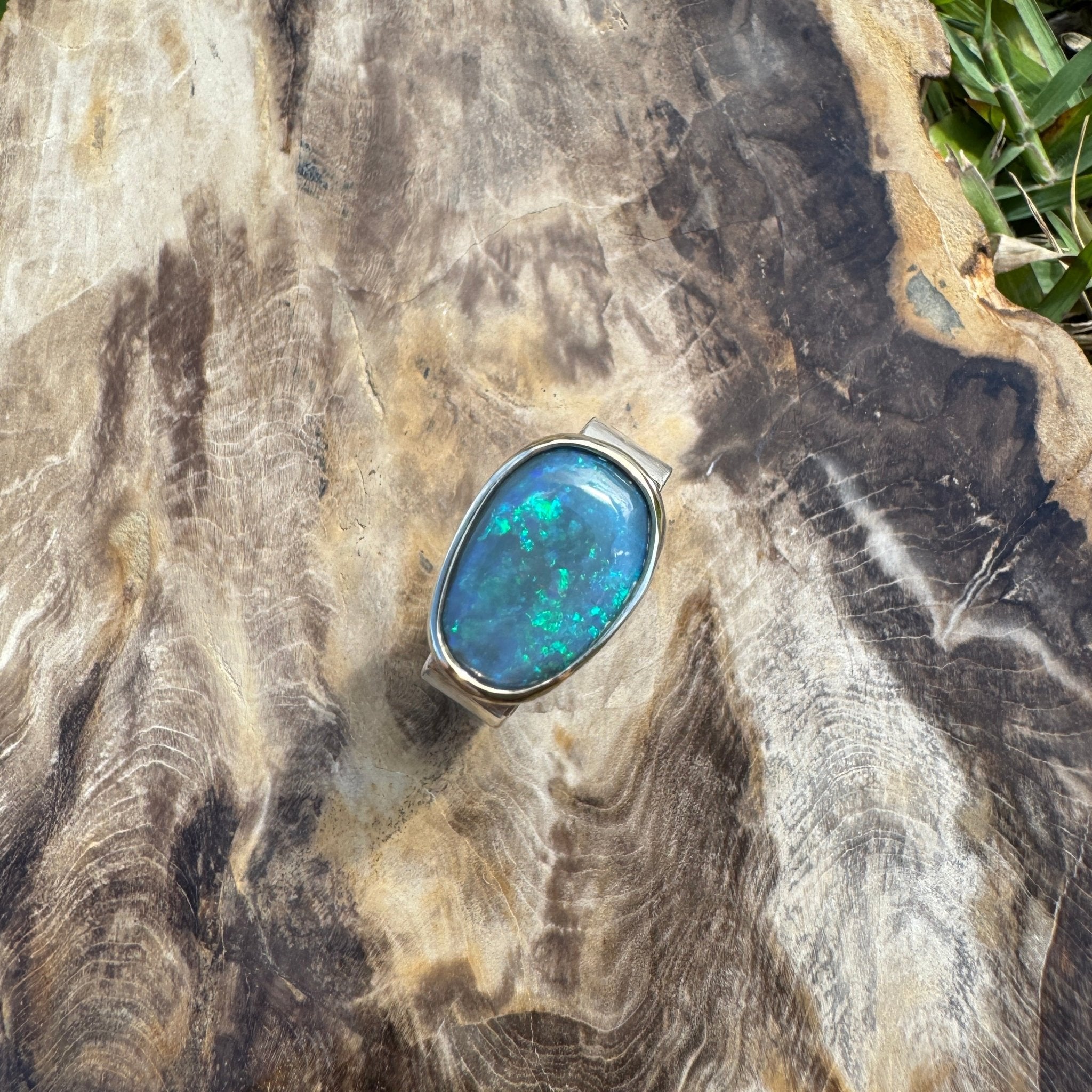 Byron Bay Break - 7.1ct Solid Lightning Ridge Opal Two - Tone 9ct Gold & 925 Sterling Silver Ring