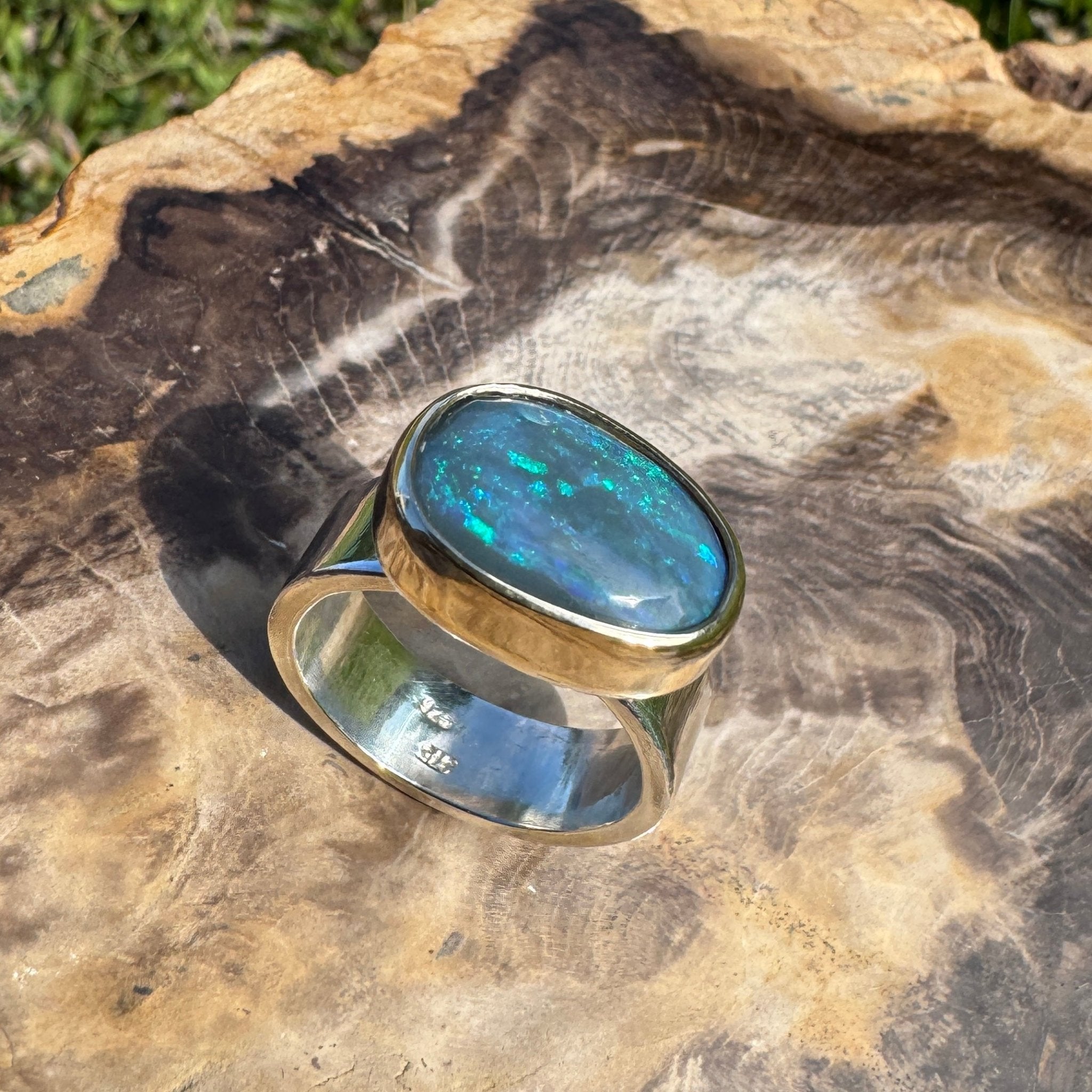 Byron Bay Break - 7.1ct Solid Lightning Ridge Opal Two - Tone 9ct Gold & 925 Sterling Silver Ring