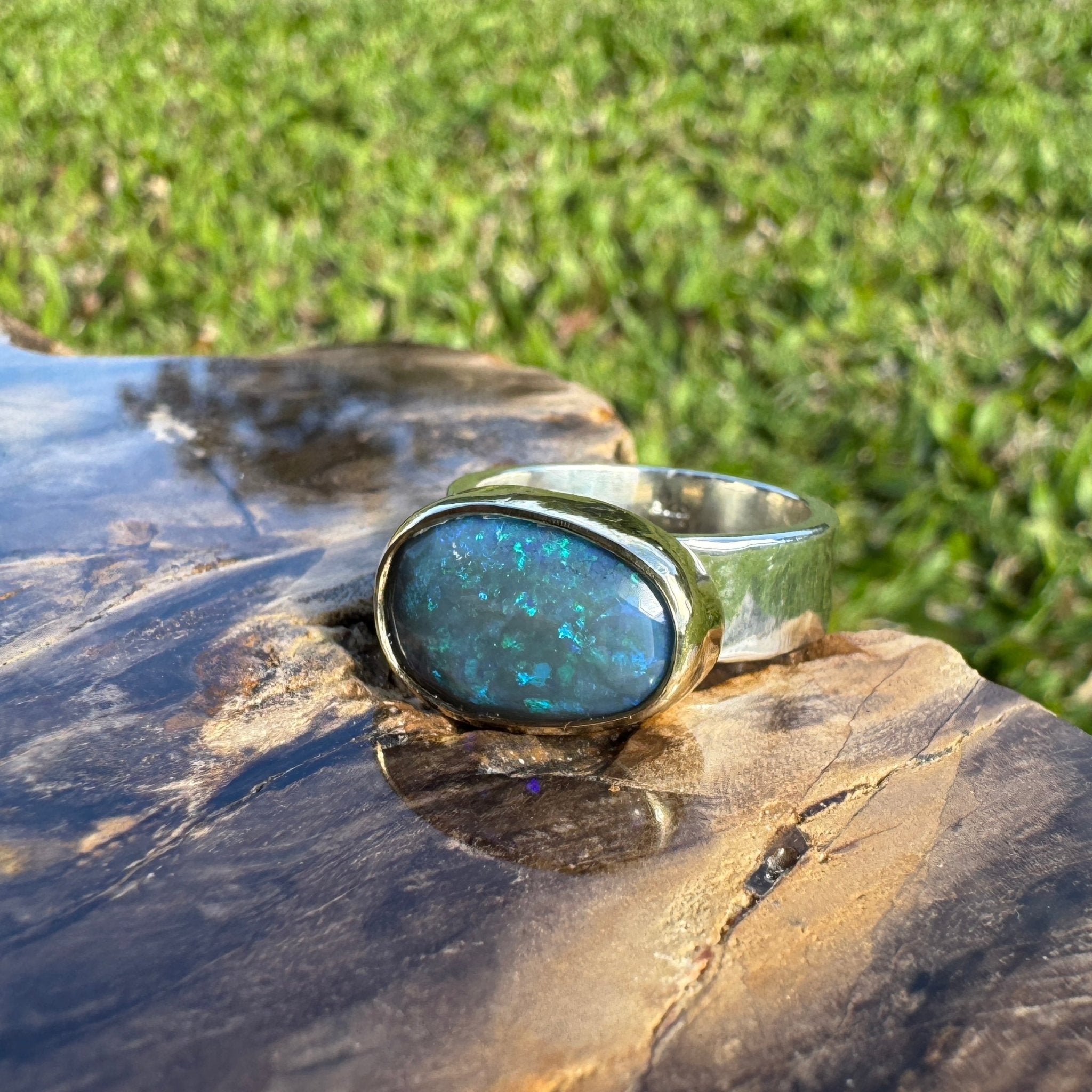 Byron Bay Break - 7.1ct Solid Lightning Ridge Opal Two - Tone 9ct Gold & 925 Sterling Silver Ring