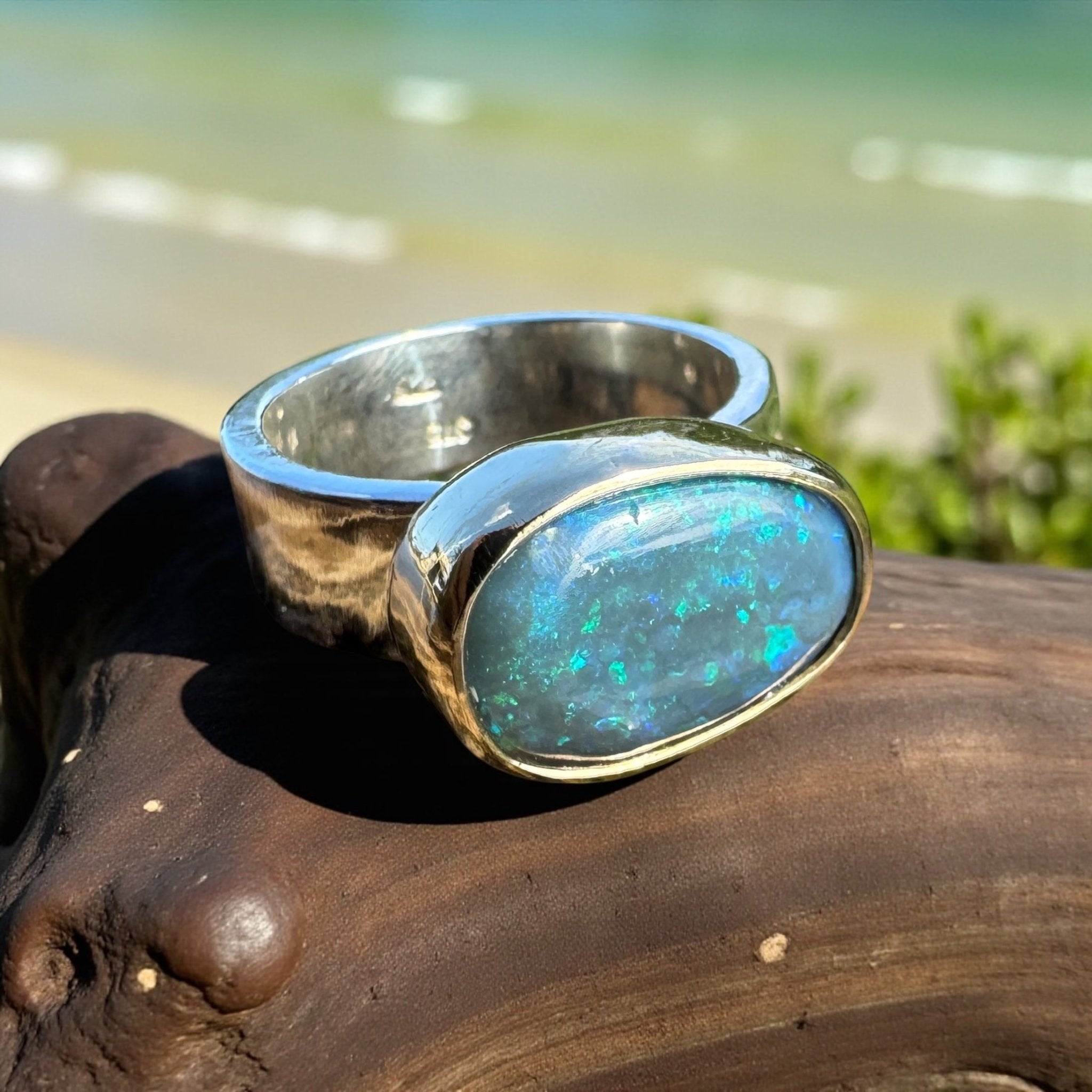 Byron Bay Break - 7.1ct Solid Lightning Ridge Opal Two - Tone 9ct Gold & 925 Sterling Silver Ring