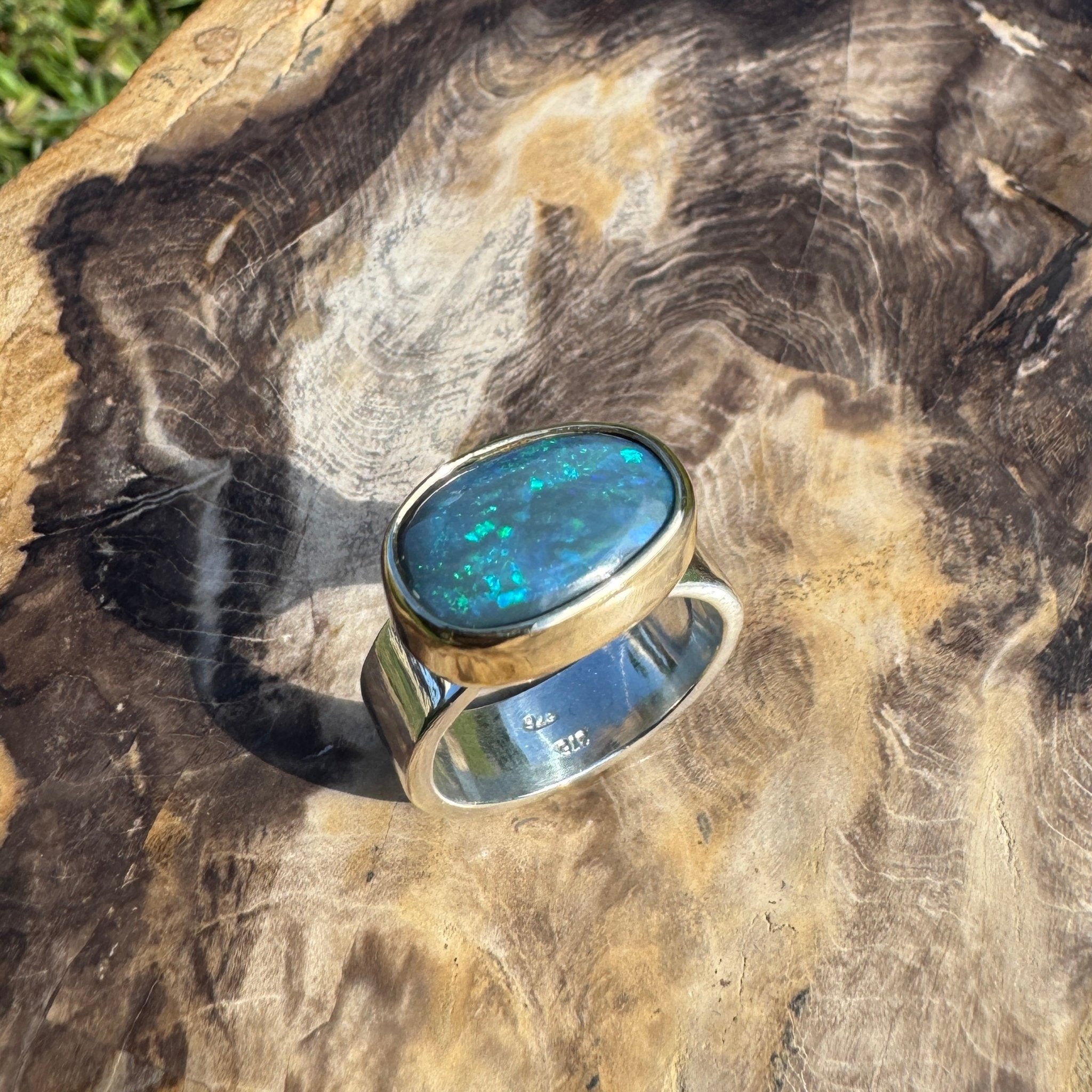 Byron Bay Break - 7.1ct Solid Lightning Ridge Opal Two - Tone 9ct Gold & 925 Sterling Silver Ring