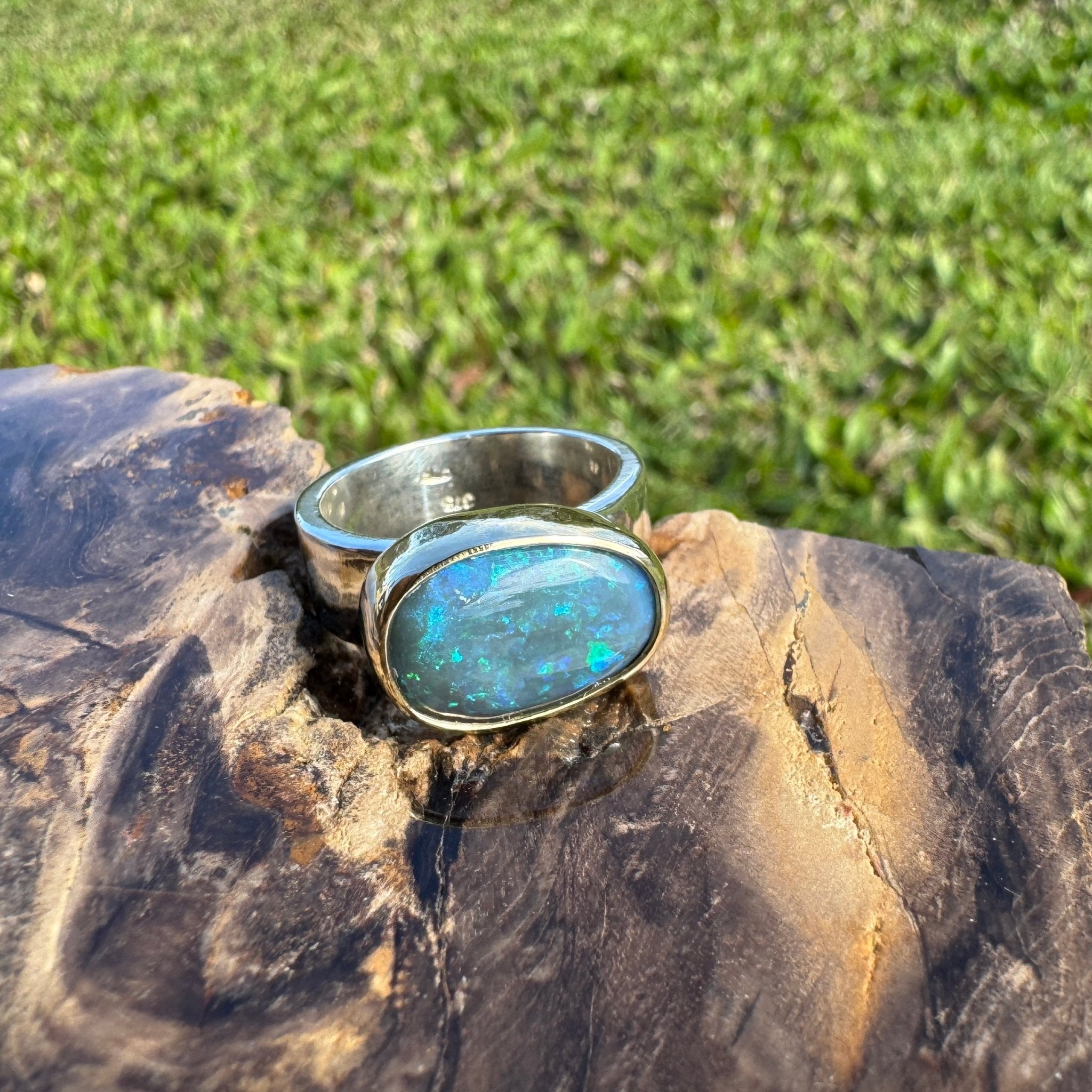 Byron Bay Break - 7.1ct Solid Lightning Ridge Opal Two - Tone 9ct Gold & 925 Sterling Silver Ring