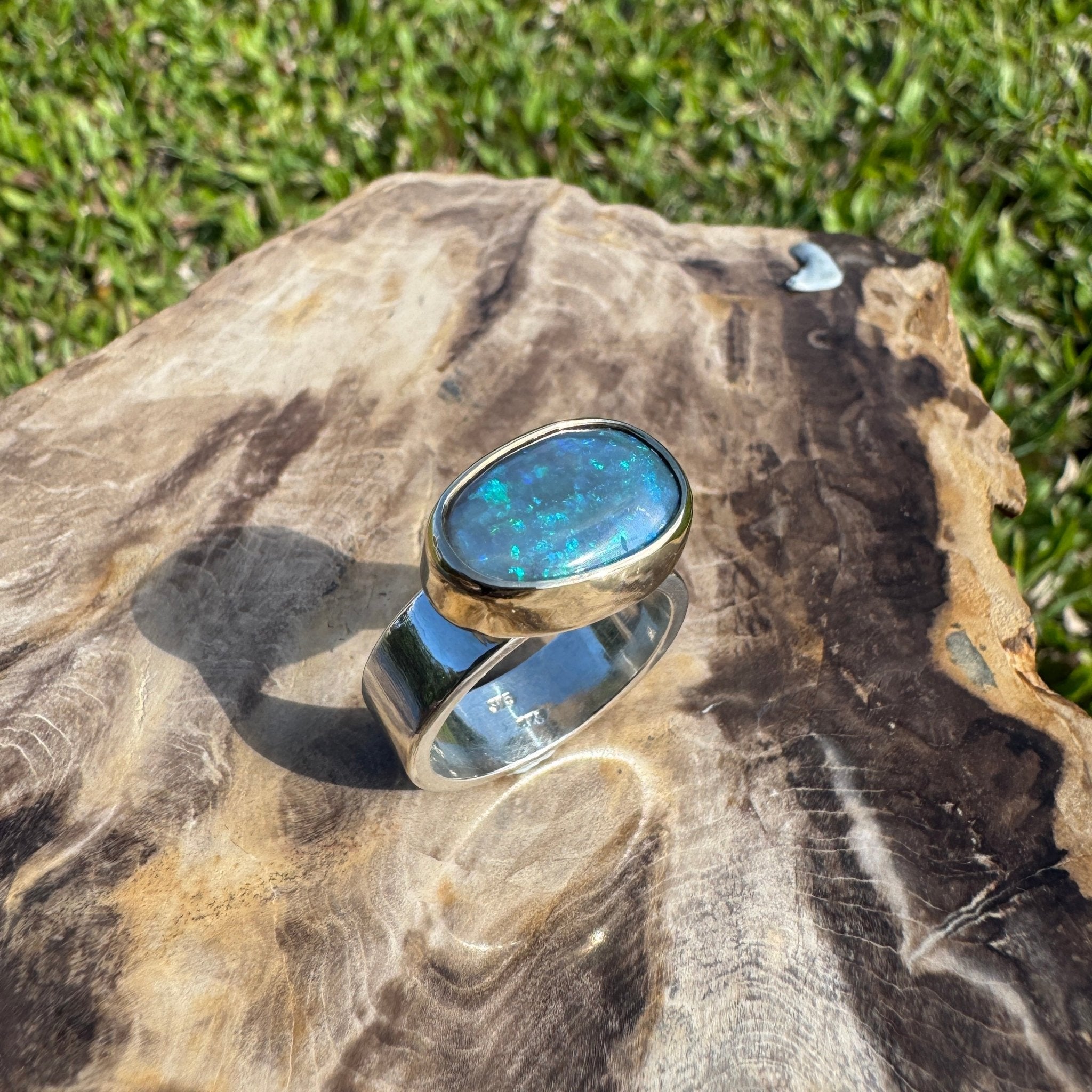 Byron Bay Break - 7.1ct Solid Lightning Ridge Opal Two - Tone 9ct Gold & 925 Sterling Silver Ring