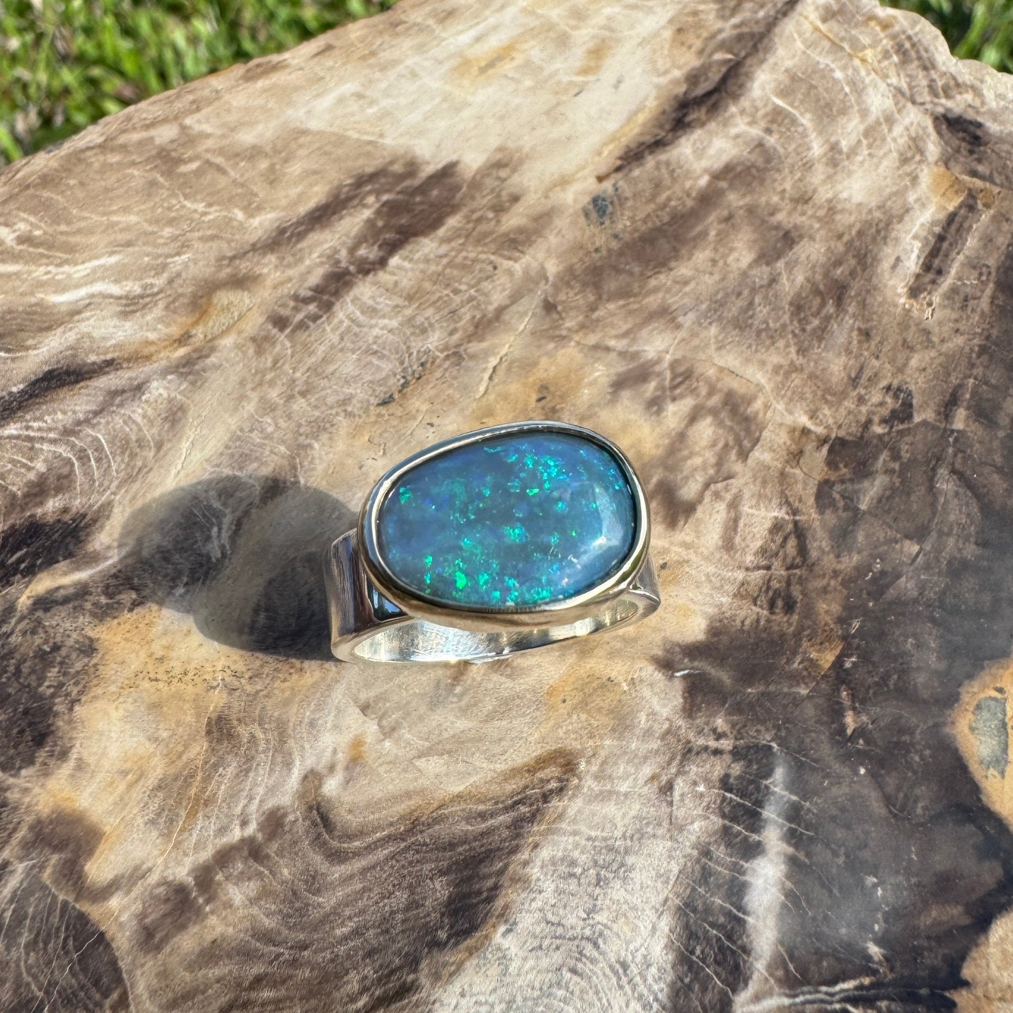 Byron Bay Break - 7.1ct Solid Lightning Ridge Opal Two - Tone 9ct Gold & 925 Sterling Silver Ring