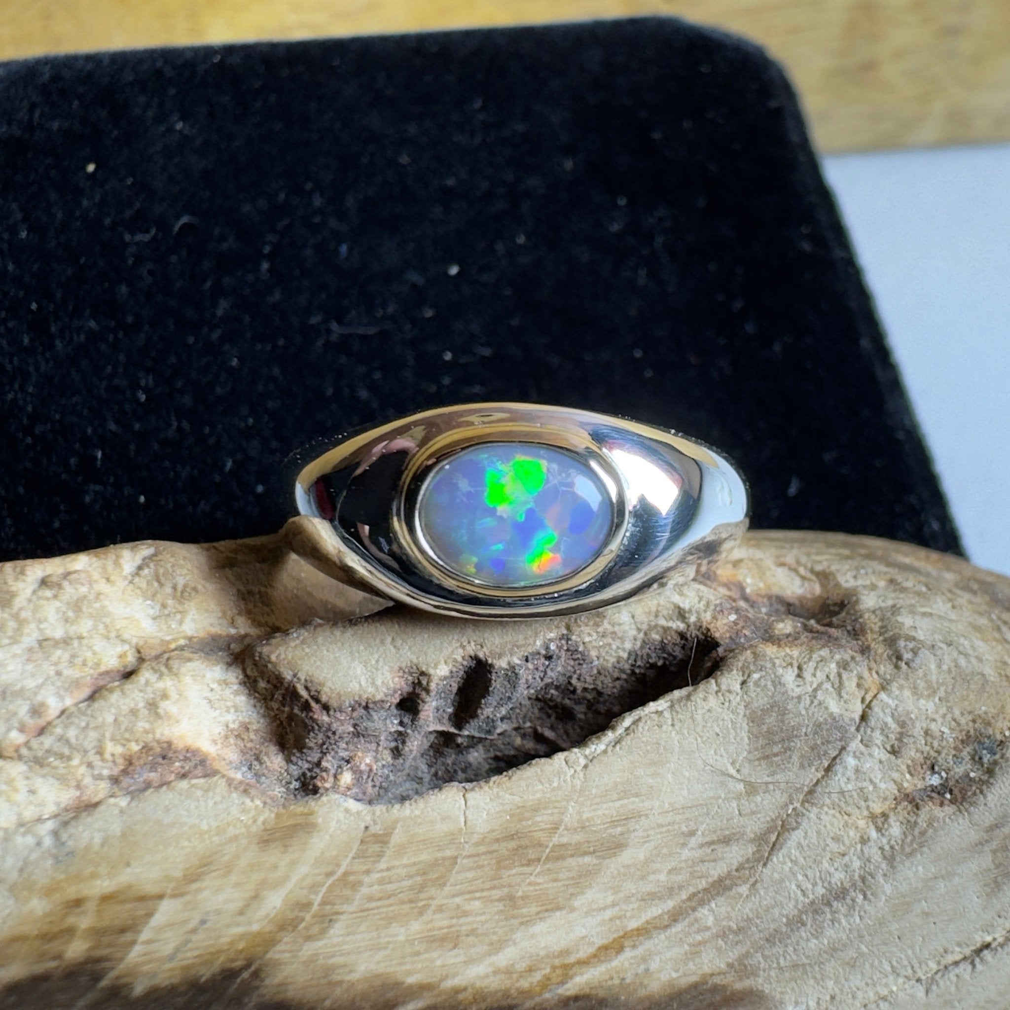 Byron Tides - 0.6ct Solid Lightning Ridge Semi Black Opal Two - Tone 9ct Gold & 925 Sterling Silver Ring