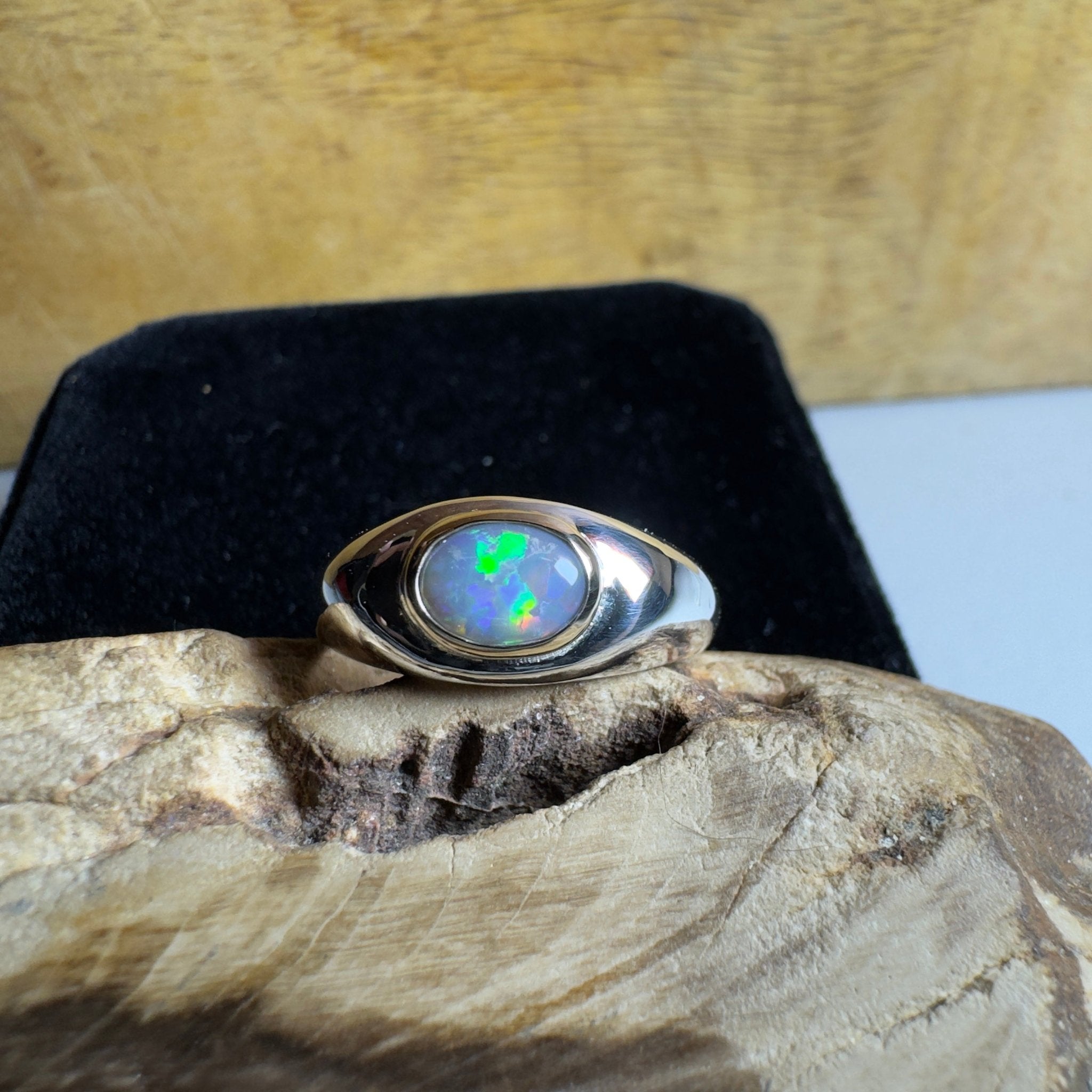 Byron Tides - 0.6ct Solid Lightning Ridge Semi Black Opal Two - Tone 9ct Gold & 925 Sterling Silver Ring