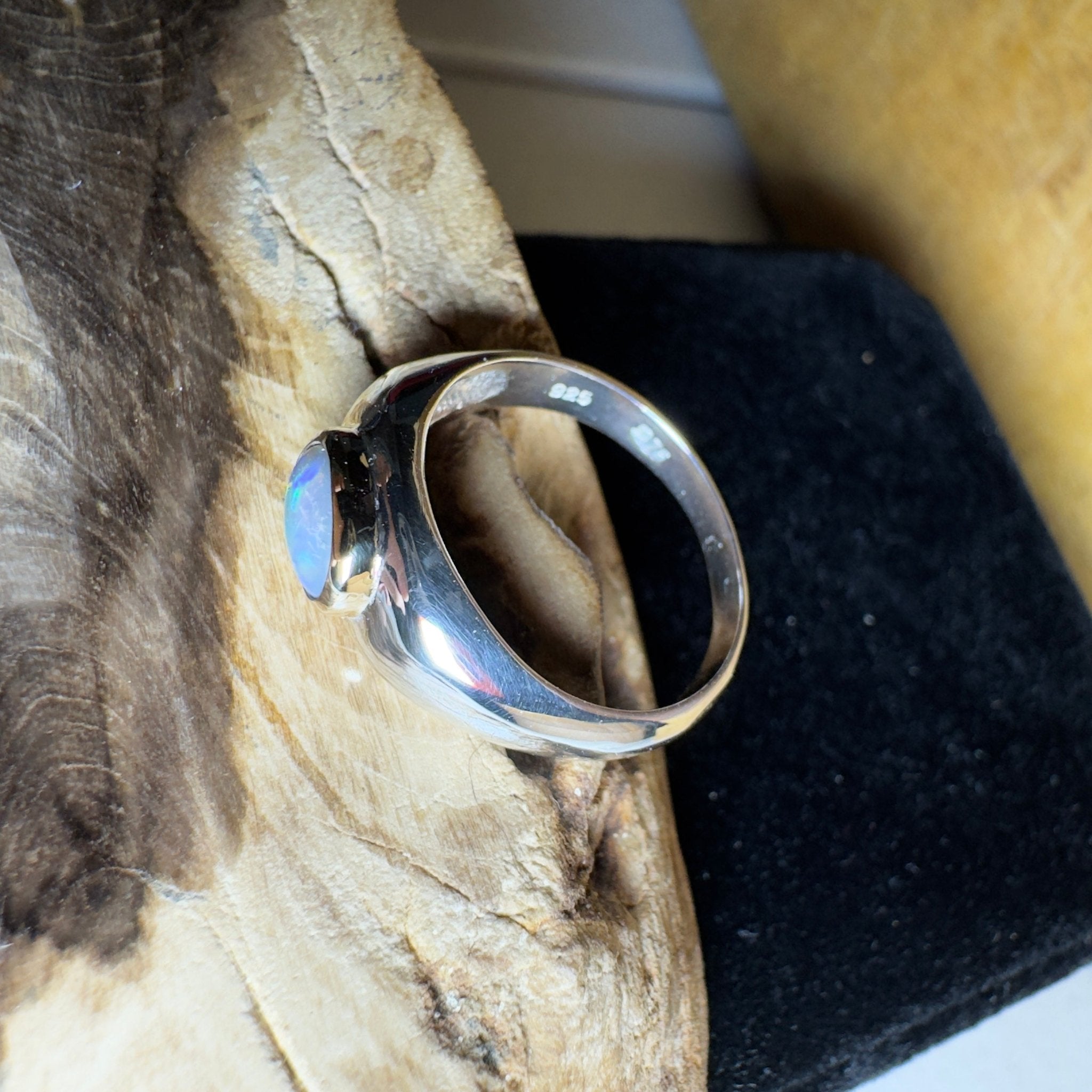 Byron Tides - 0.6ct Solid Lightning Ridge Semi Black Opal Two - Tone 9ct Gold & 925 Sterling Silver Ring