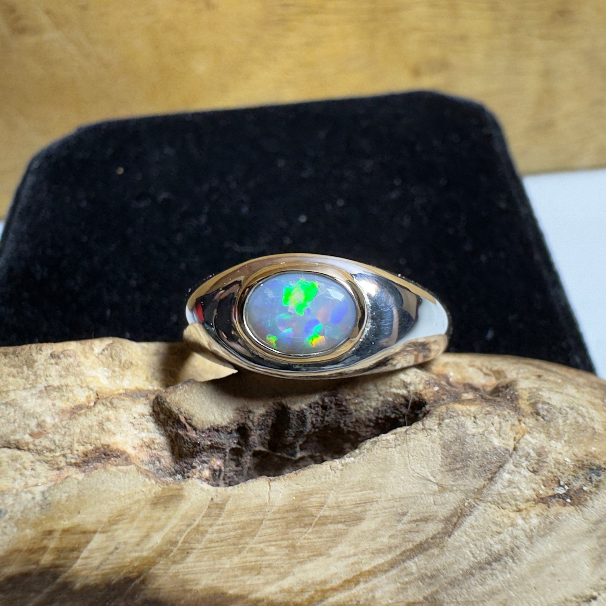 Byron Tides - 0.6ct Solid Lightning Ridge Semi Black Opal Two - Tone 9ct Gold & 925 Sterling Silver Ring