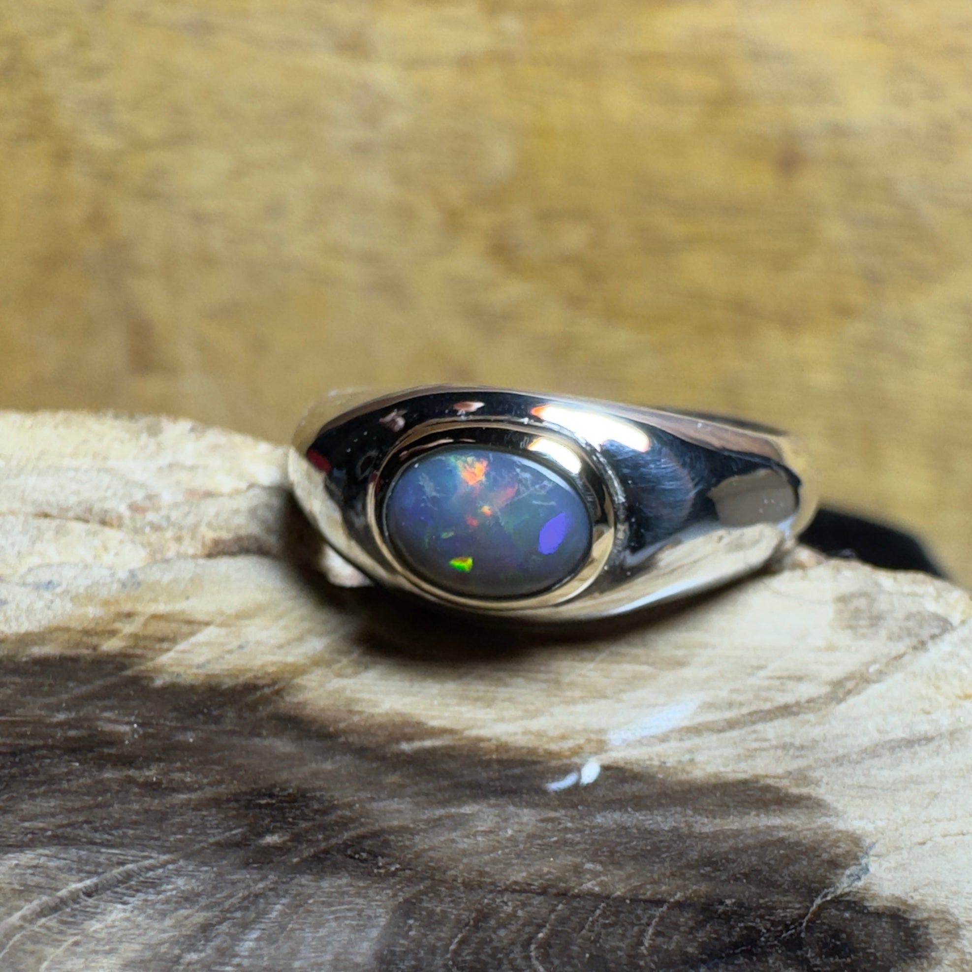 Byron Tides - 0.6ct Solid Lightning Ridge Semi Black Opal Two - Tone 9ct Gold & 925 Sterling Silver Ring