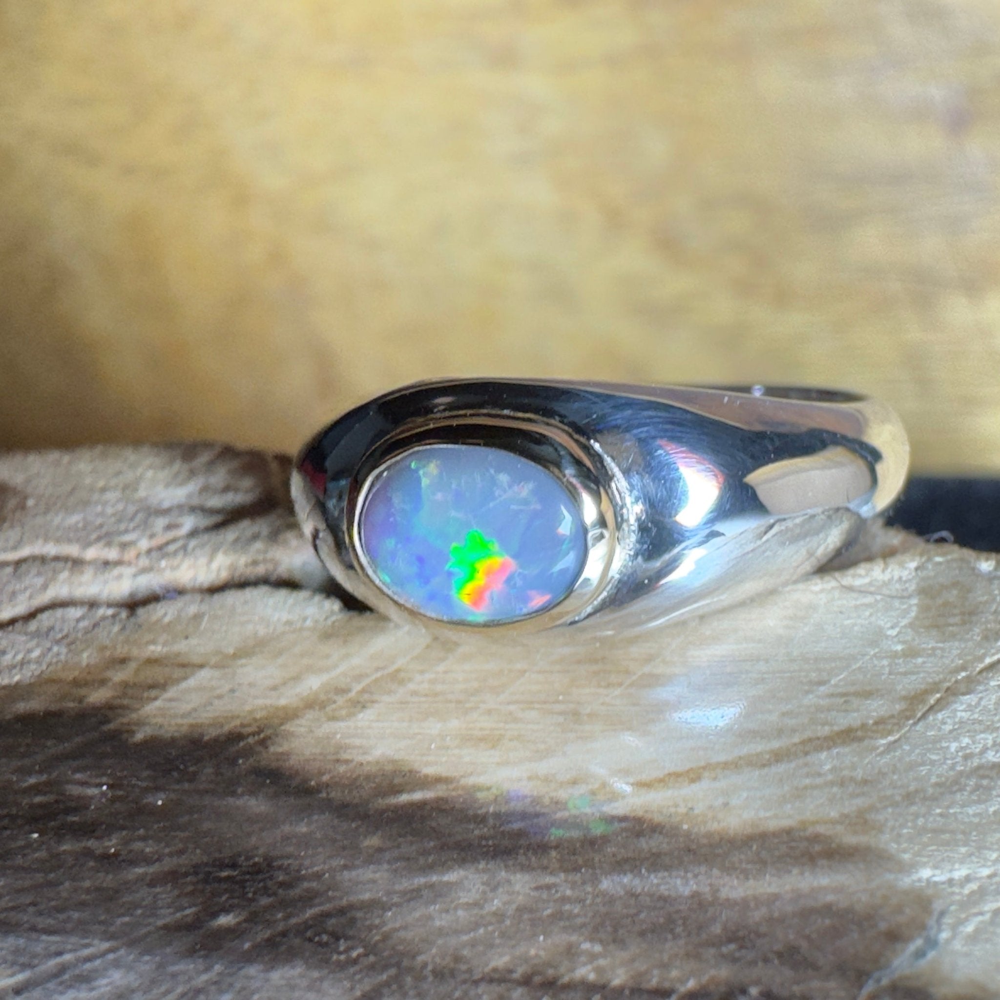 Byron Tides - 0.6ct Solid Lightning Ridge Semi Black Opal Two - Tone 9ct Gold & 925 Sterling Silver Ring