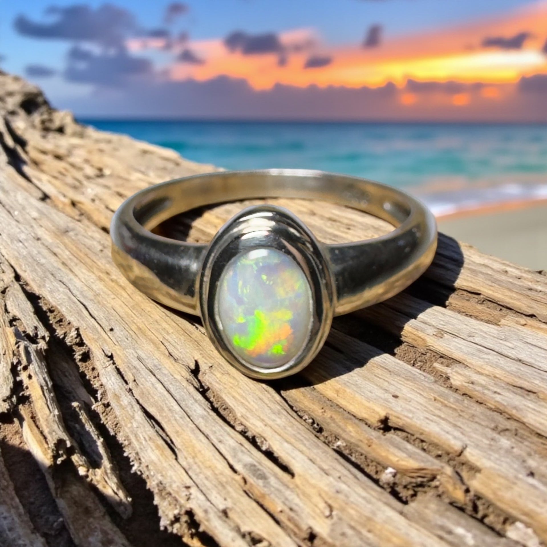 Cable Beach Afterglow ~ 0.6ct Solid Coober Pedy Opal 925 Silver Ring