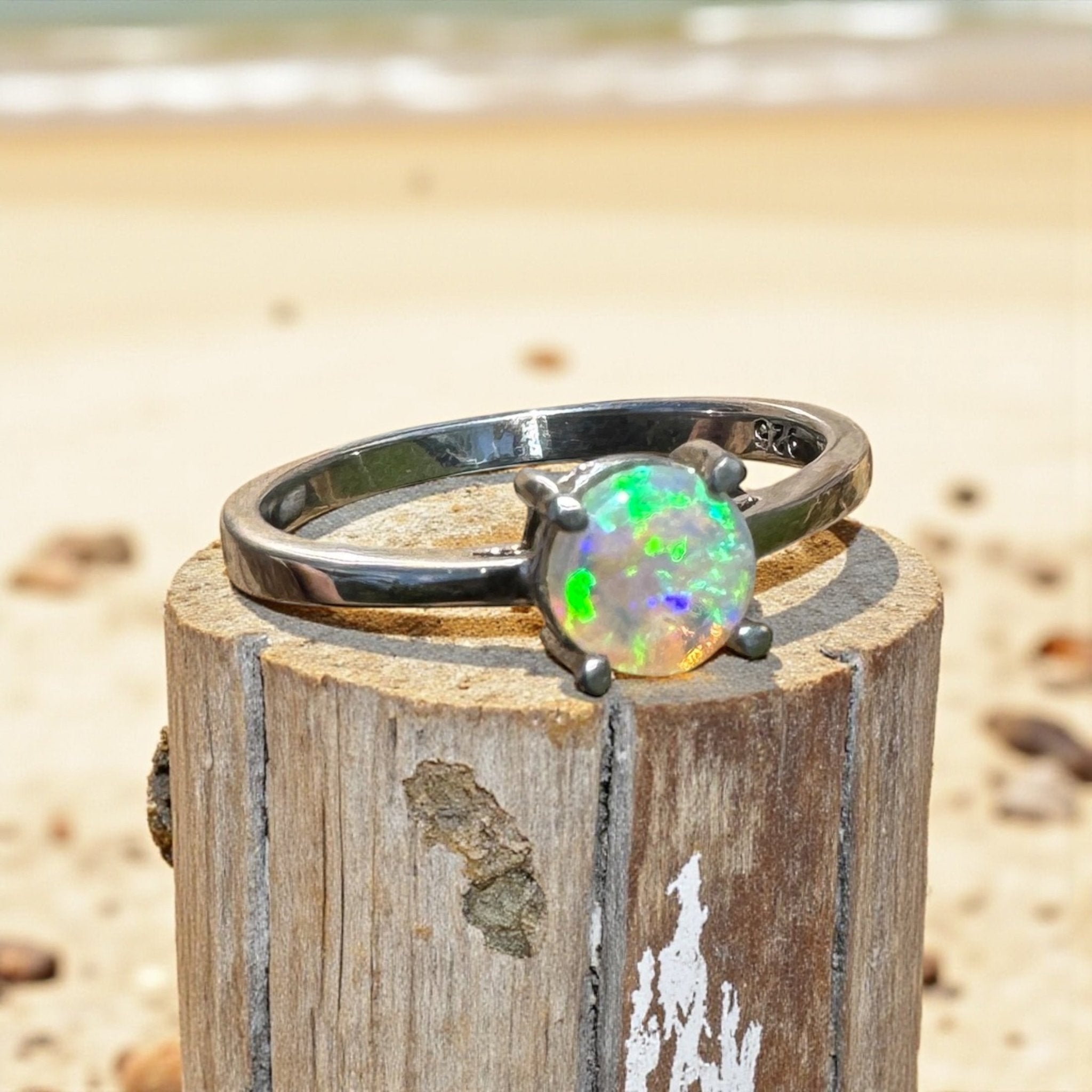 Cape Leveque Tide - 0.5ct Solid Lightning Ridge Crystal Opal Sterling Silver Ring