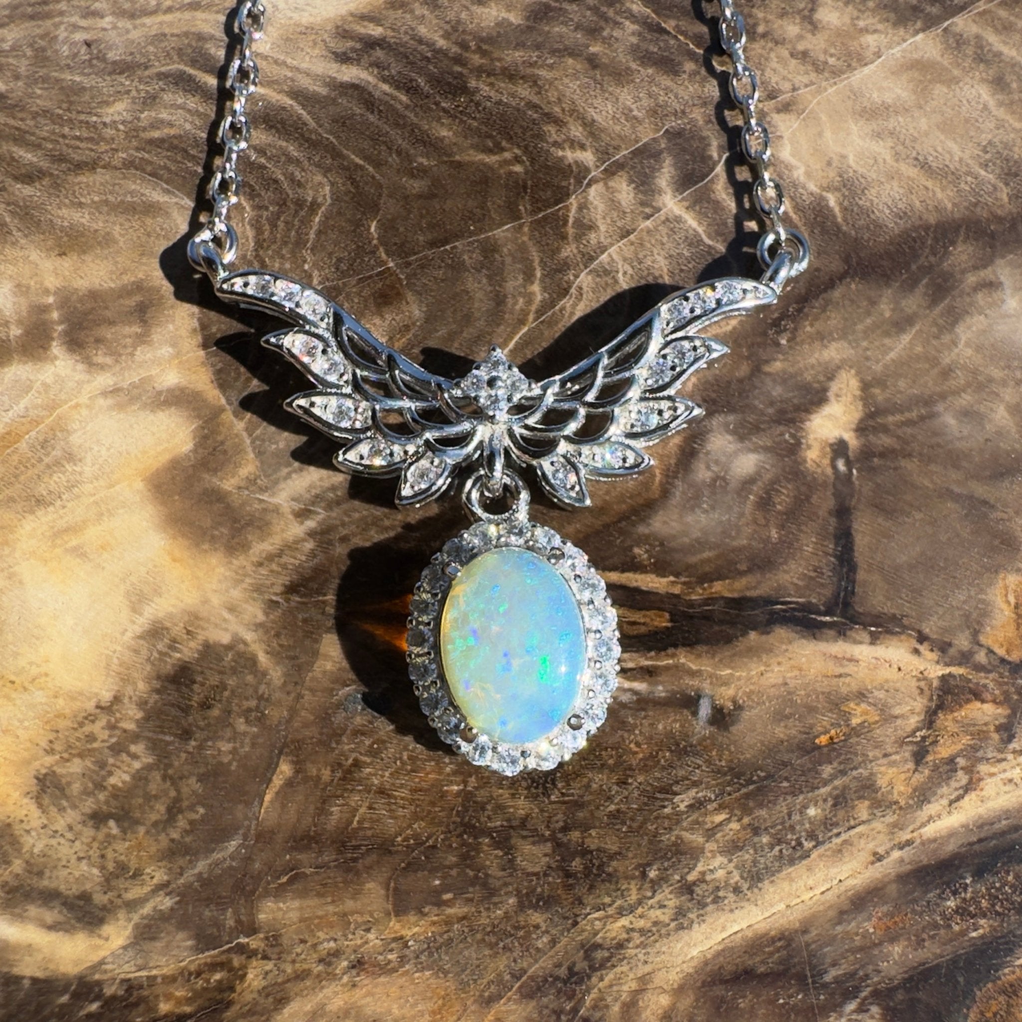 Cape Trib Glowfall ~ 0.9ct Solid Lightning Ridge and Cubic Zirconia 925 Sterling Silver Necklace