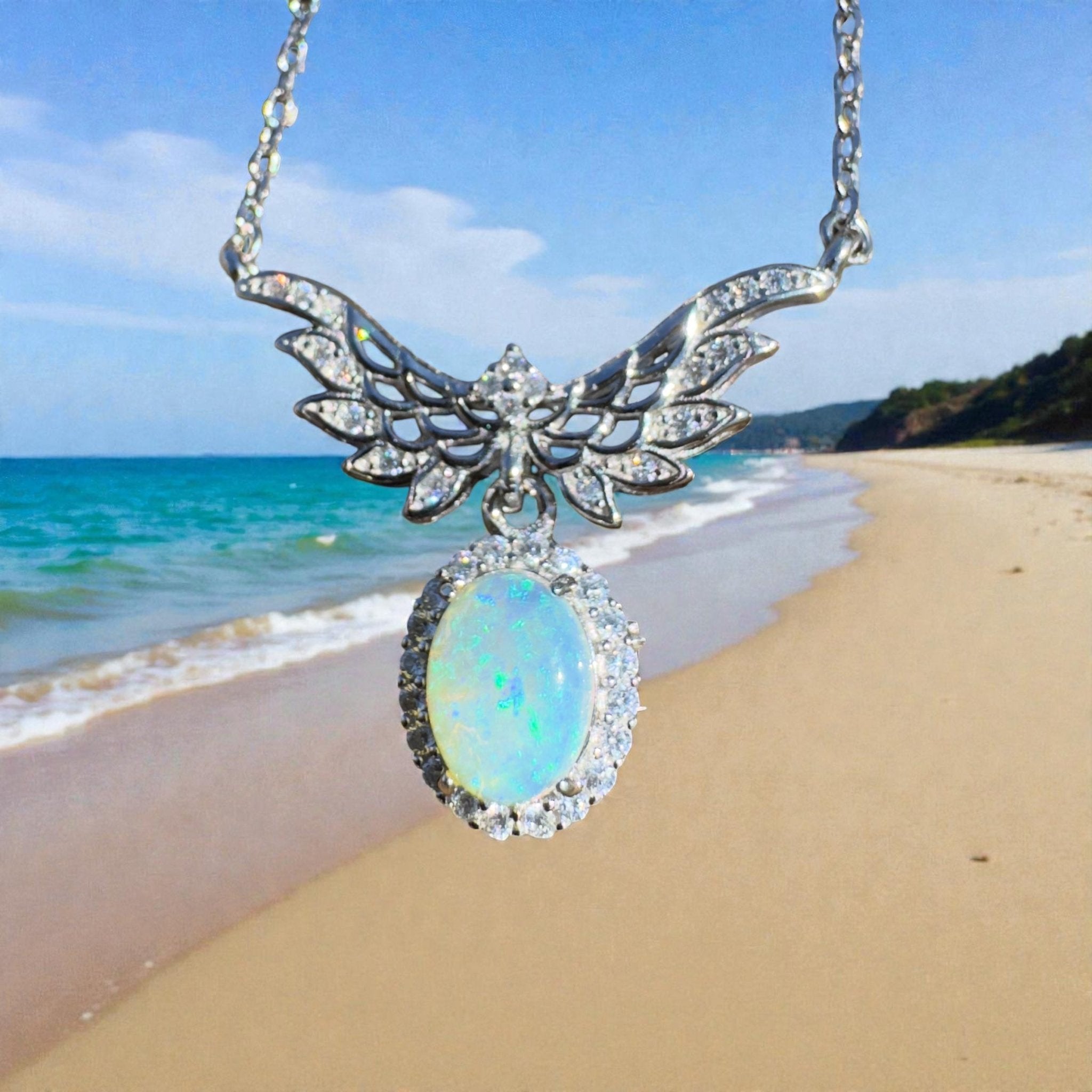 Cape Trib Glowfall ~ 0.9ct Solid Lightning Ridge and Cubic Zirconia 925 Sterling Silver Necklace