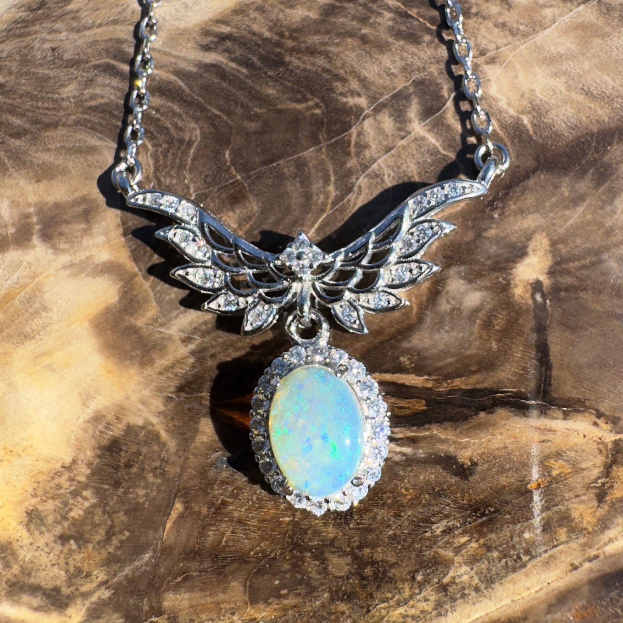 Cape Trib Glowfall ~ 0.9ct Solid Lightning Ridge and Cubic Zirconia 925 Sterling Silver Necklace