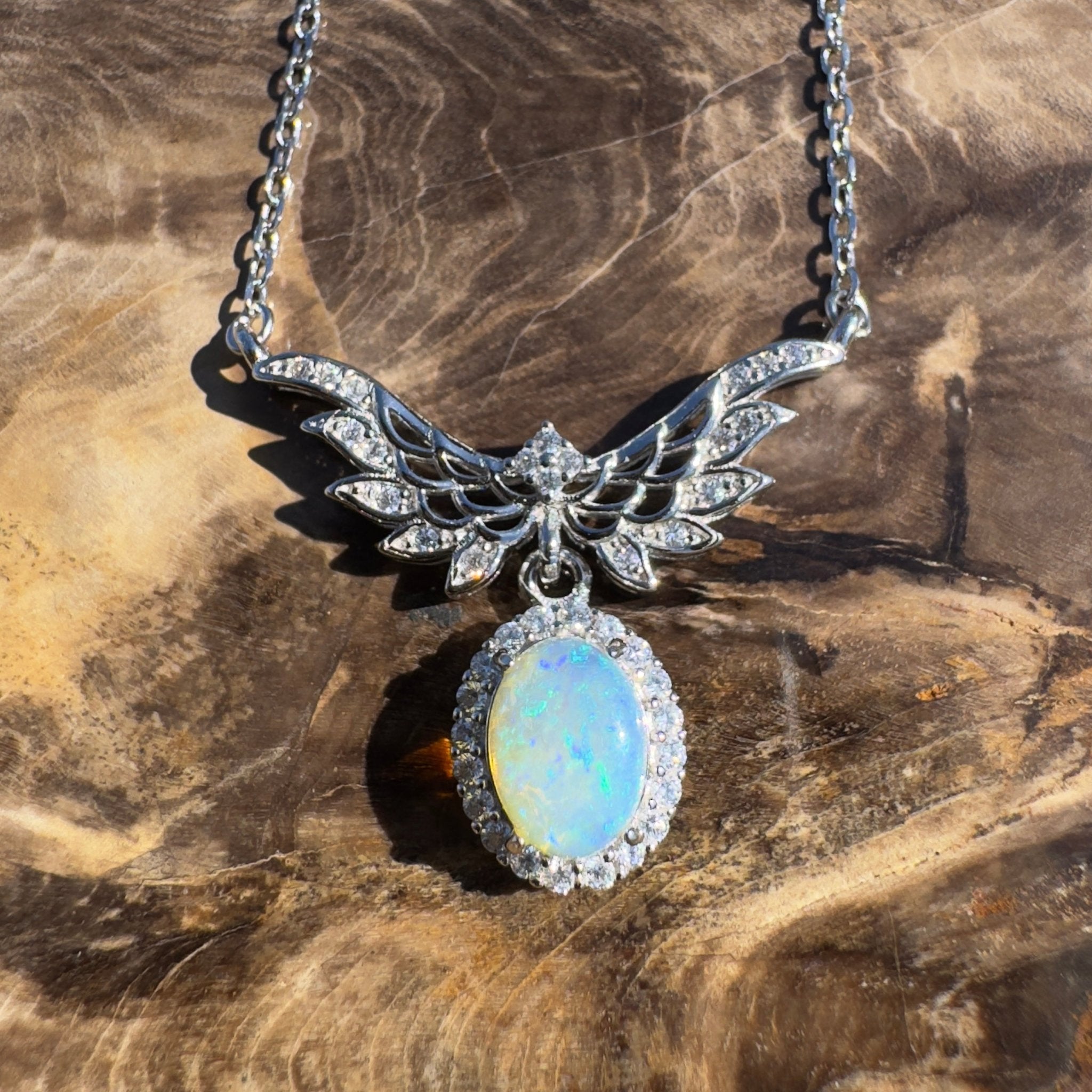 Cape Trib Glowfall ~ 0.9ct Solid Lightning Ridge and Cubic Zirconia 925 Sterling Silver Necklace