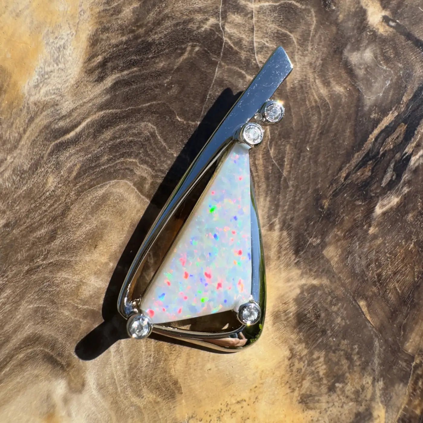 ‘Cape Tribulation Rain Light’ ~ Handcrafted 2.1ct Solid Lightning Ridge Opal and Cubic Zirconia 925 Sterling Silver Pendant Necklace