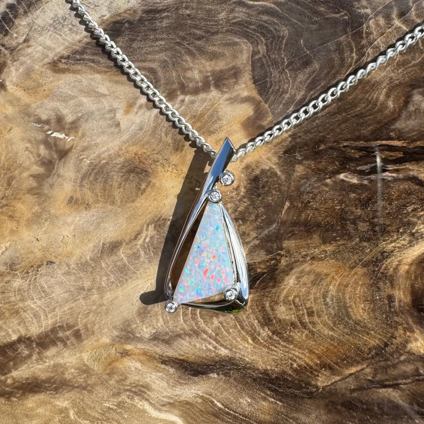 ‘Cape Tribulation Rain Light’ ~ Handcrafted 2.1ct Solid Lightning Ridge Opal and Cubic Zirconia 925 Sterling Silver Pendant Necklace