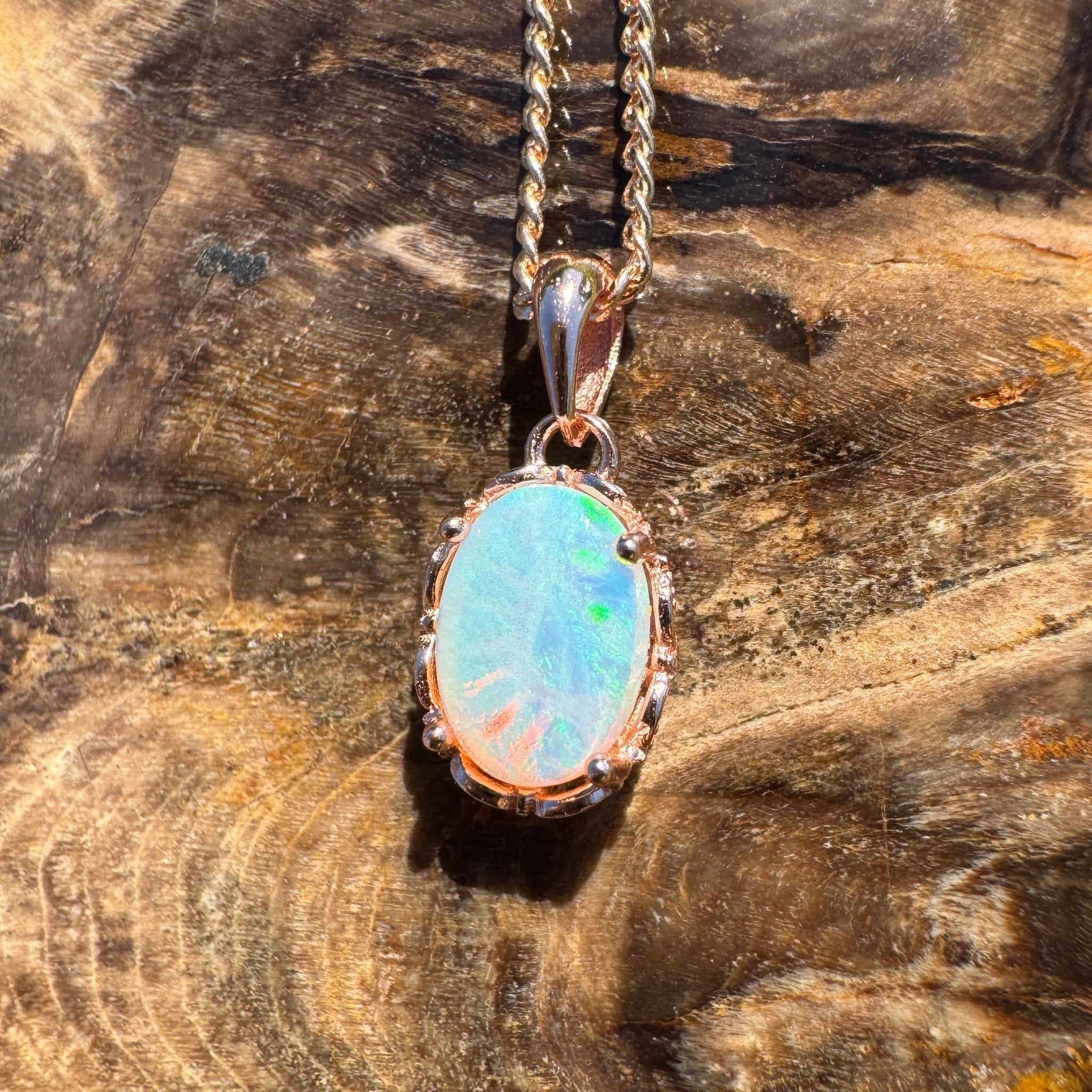 Carnarvon Drift Fire ~ 0.6ct Solid Lightning Ridge Opal Rose Gold Coated 925 Sterling Silver Pendant