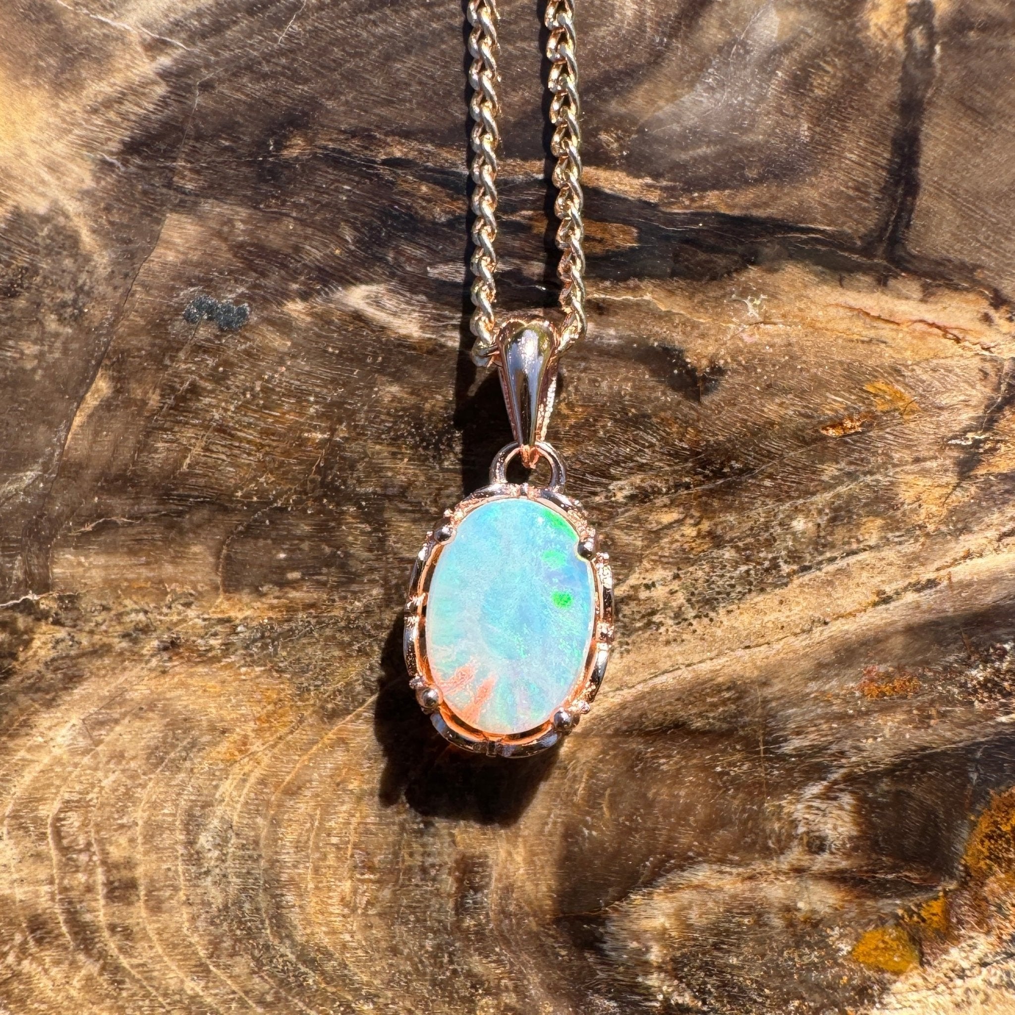 Carnarvon Drift Fire ~ 0.6ct Solid Lightning Ridge Opal Rose Gold Coated 925 Sterling Silver Pendant