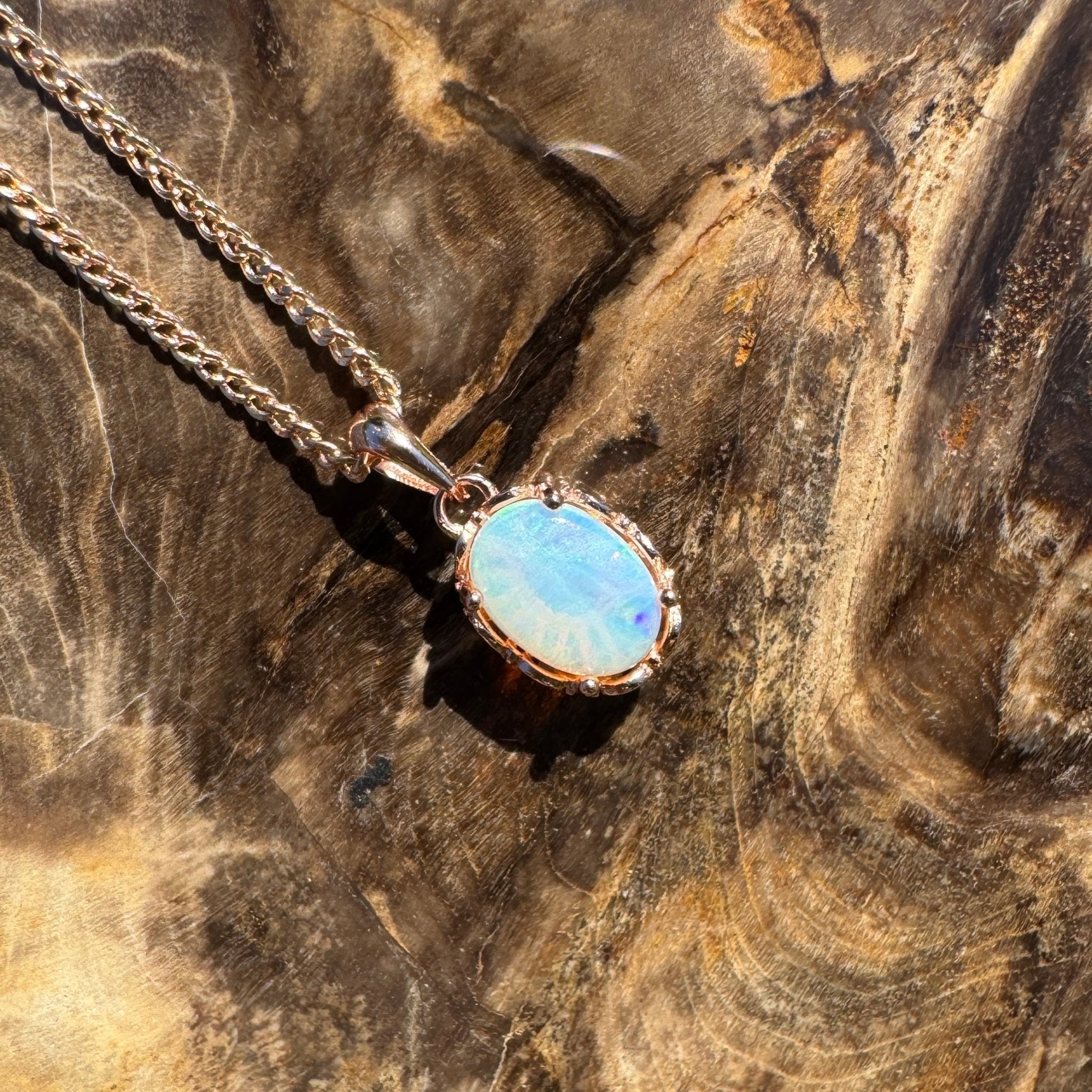 Carnarvon Drift Fire ~ 0.6ct Solid Lightning Ridge Opal Rose Gold Coated 925 Sterling Silver Pendant