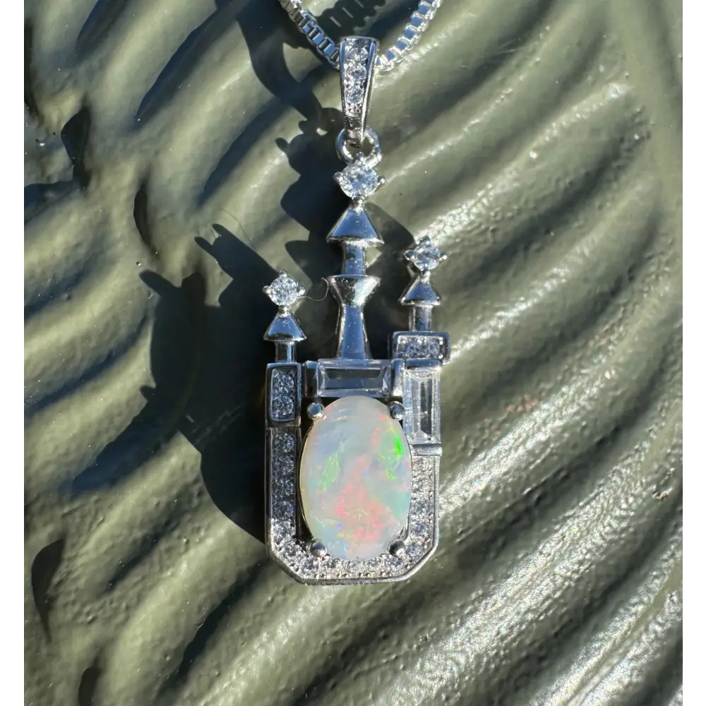 Opal castle pendant featuring 1.0ct Lightning Ridge Opal and Cubic Zirconia in sterling silver