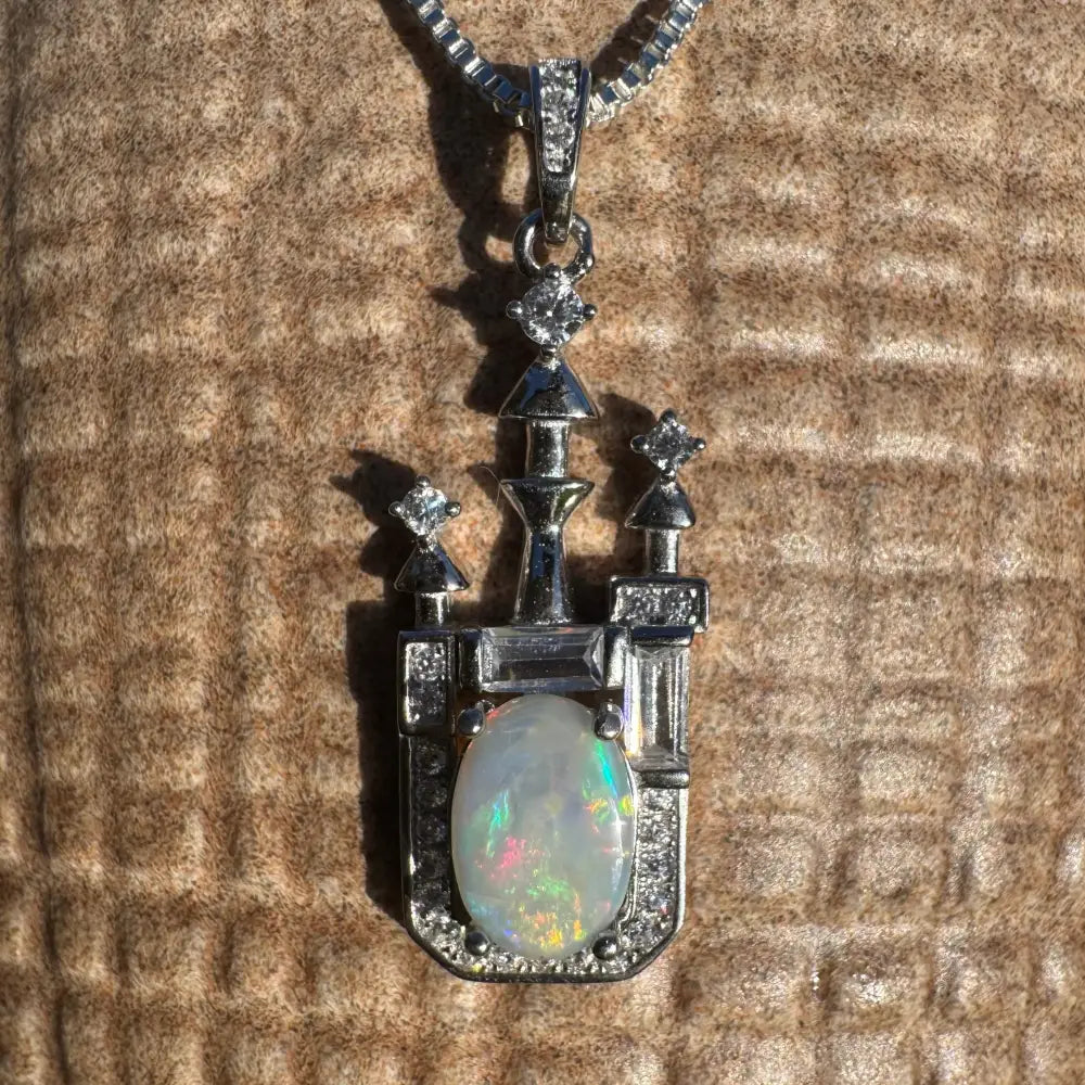 Opal castle pendant necklace featuring Lightning Ridge Opal and Cubic Zirconia on silver