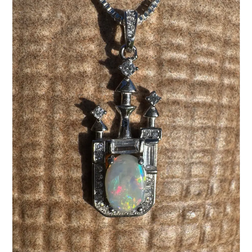 Silver castle pendant with opal and cubic zirconia in handcrafted sterling silver design