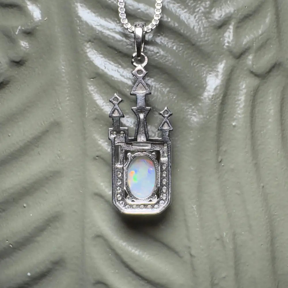 Silver castle pendant with opal and cubic zirconia on sterling silver chain
