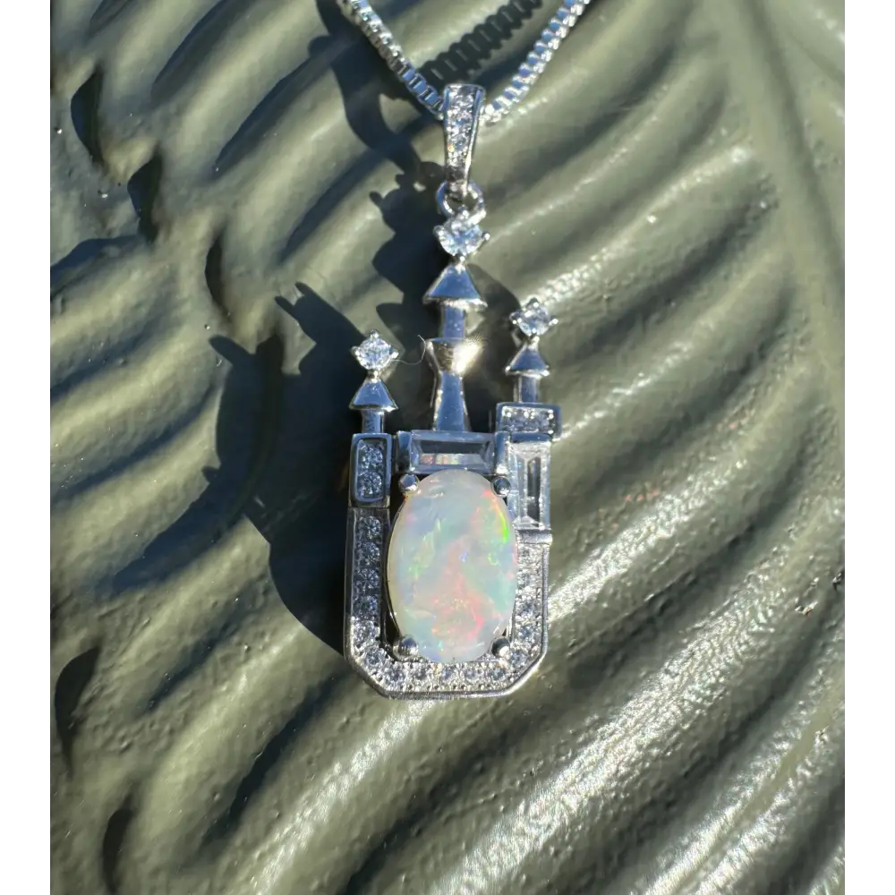 Opal and diamond castle pendant from Castle on the Hill handcrafted with sterling silver