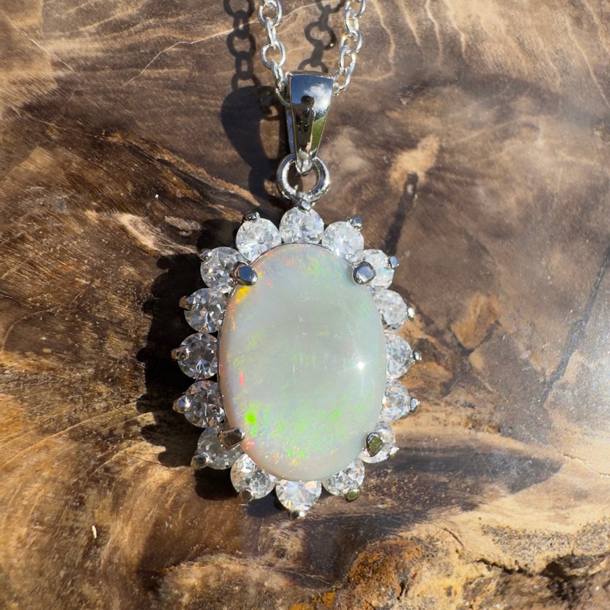 Celestial Halo ~ 2.3ct Lightning Ridge Crystal Opal 925 Silver Pendant