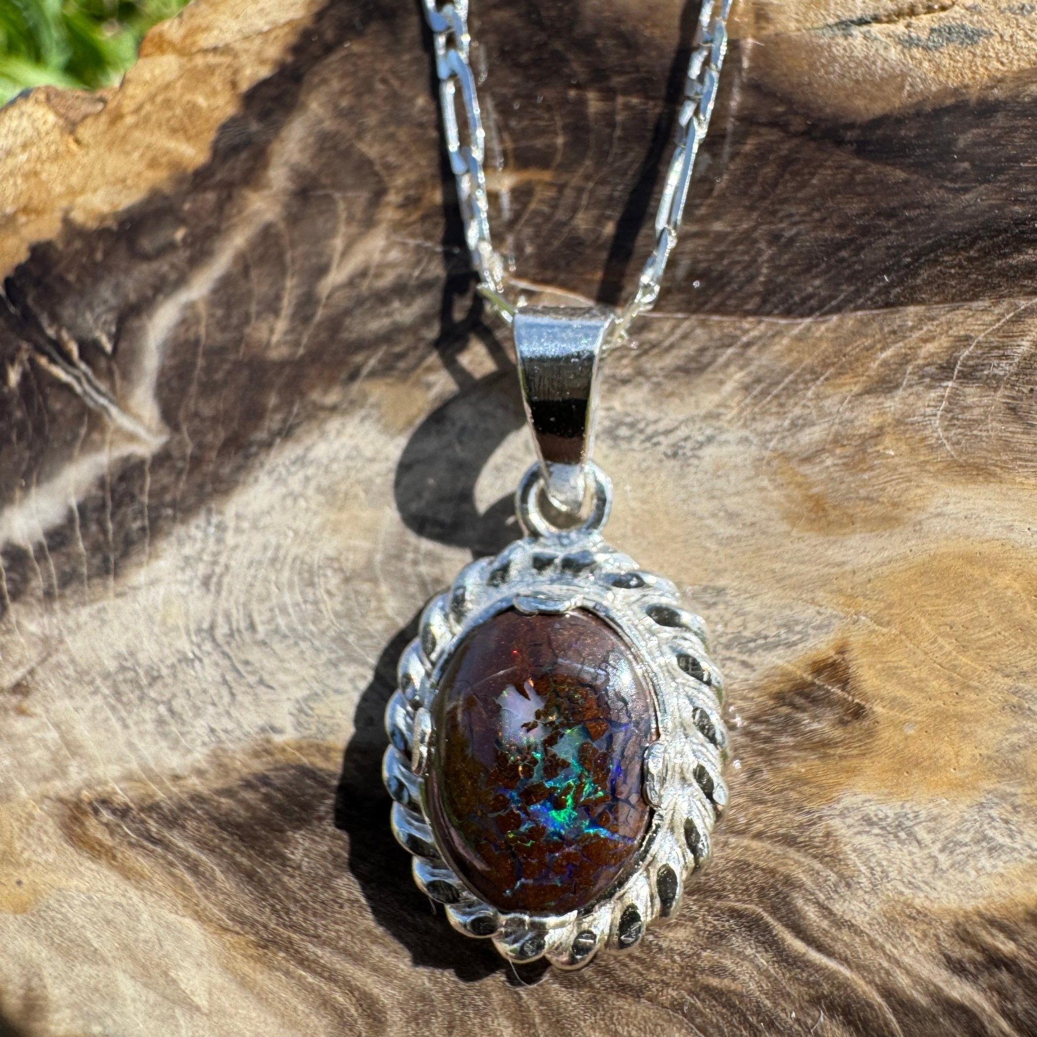 Chambers Pillar Flame ~ Queensland Boulder Opal 925 Sterling Silver Pendant Necklace