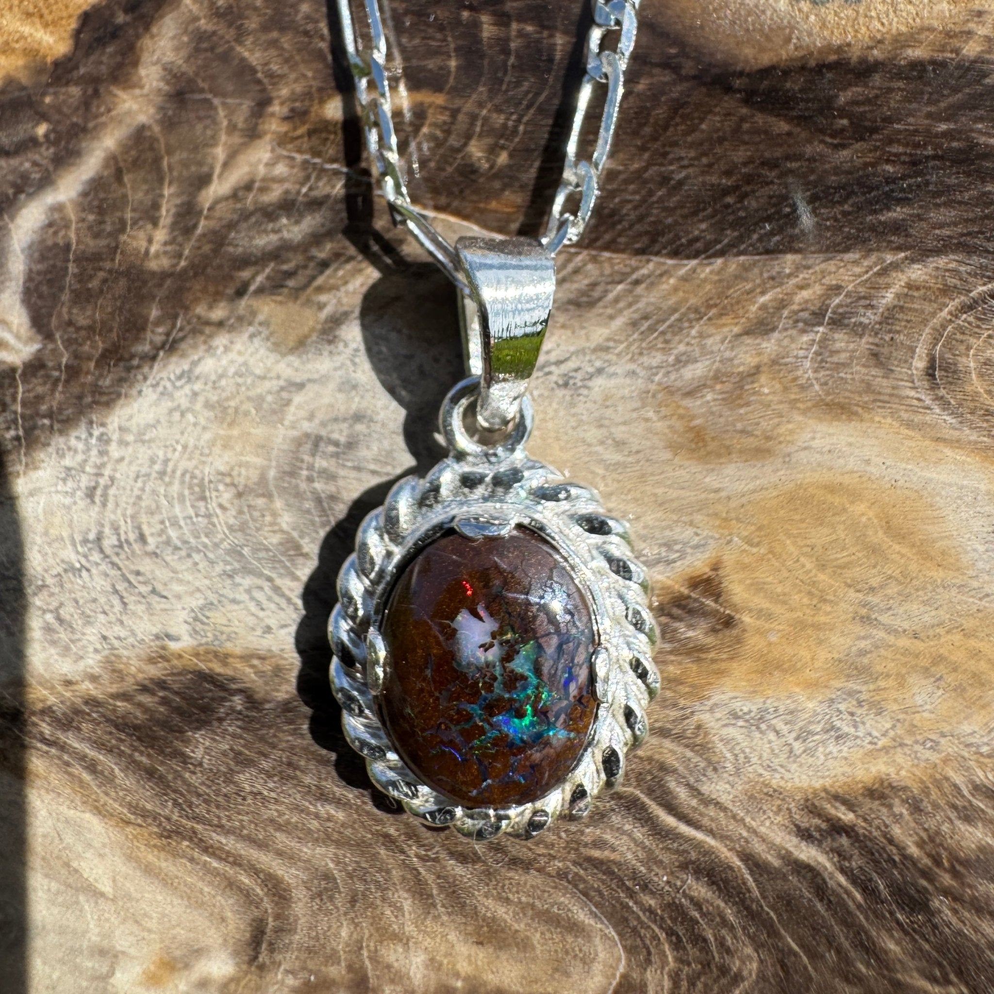 Chambers Pillar Flame ~ Queensland Boulder Opal 925 Sterling Silver Pendant Necklace