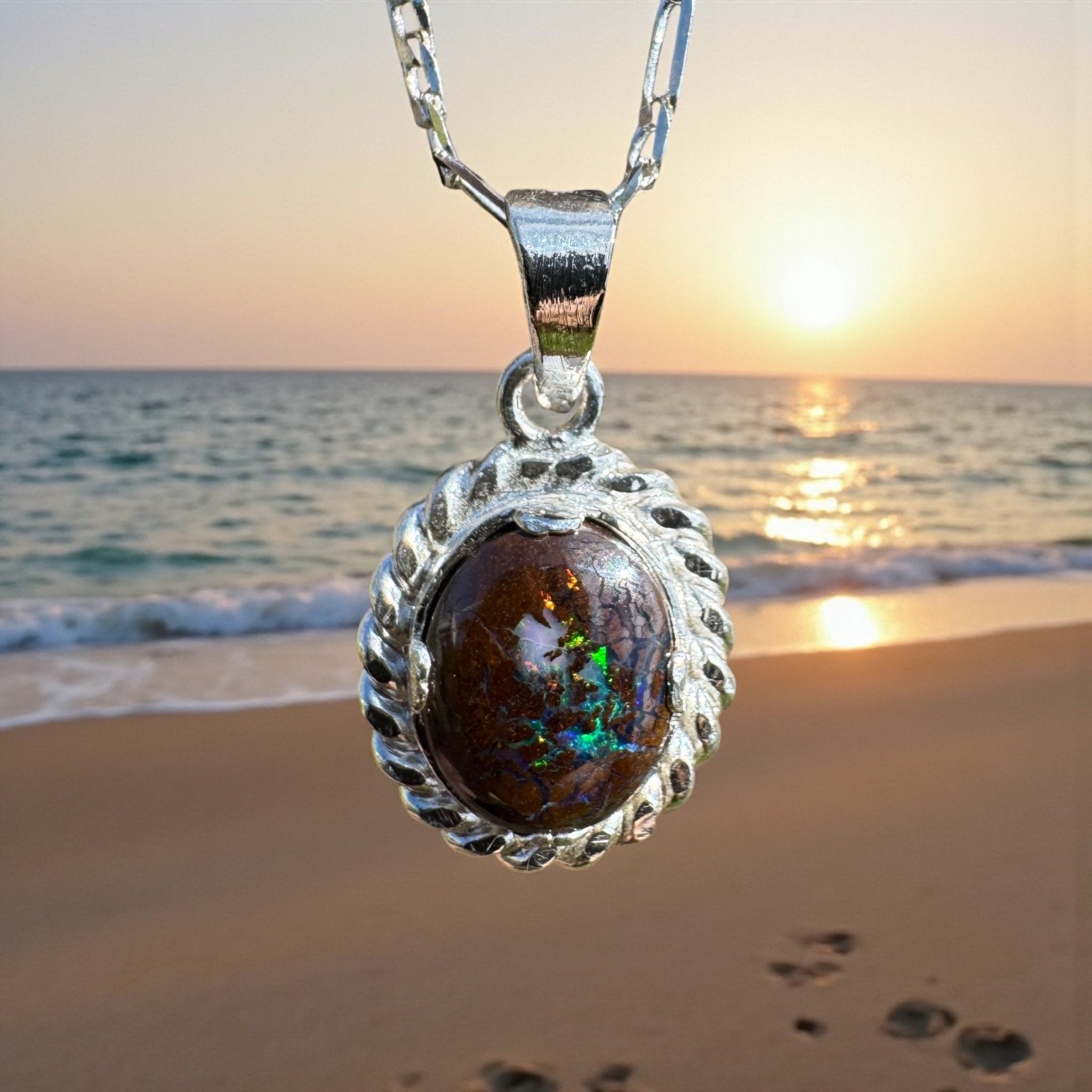 Chambers Pillar Flame ~ Queensland Boulder Opal 925 Sterling Silver Pendant Necklace